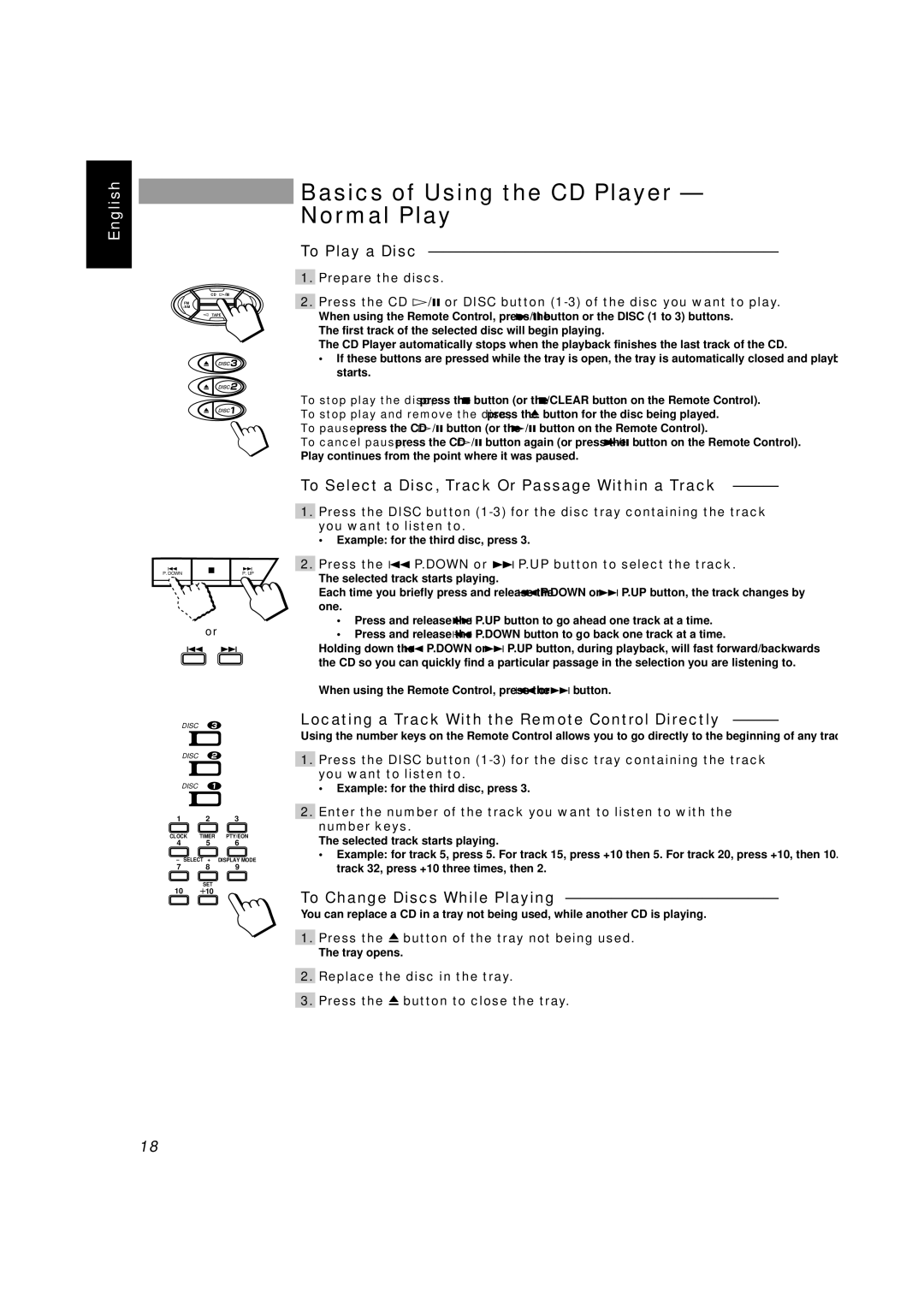 JVC CA-D351TR Basics of Using the CD Player Normal Play, To Play a Disc, To Select a Disc, Track Or Passage Within a Track 