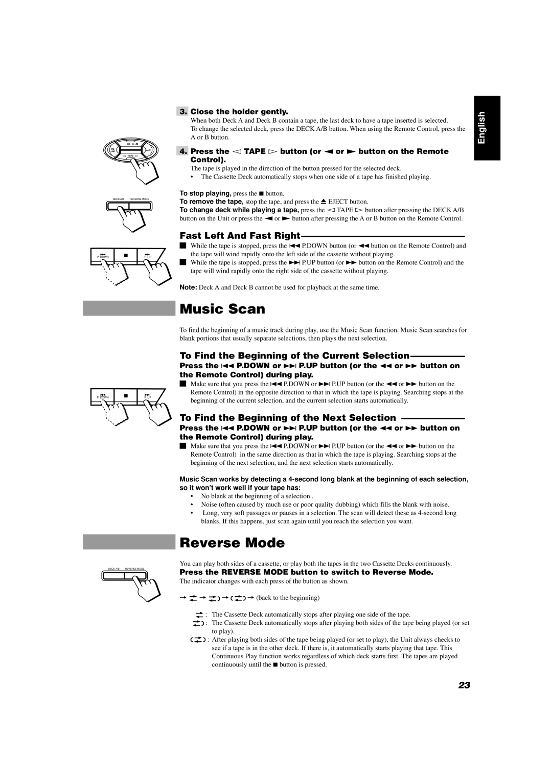 JVC CA-D551TR manual Music Scan, Reverse Mode, Fast Left And Fast Right, To Find the Beginning of the Current Selection 