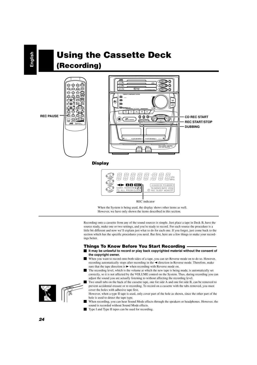 JVC CA-D351TR, CA-D551TR manual Things To Know Before You Start Recording, REC Pause, CD REC Start REC START/STOP Dubbing 