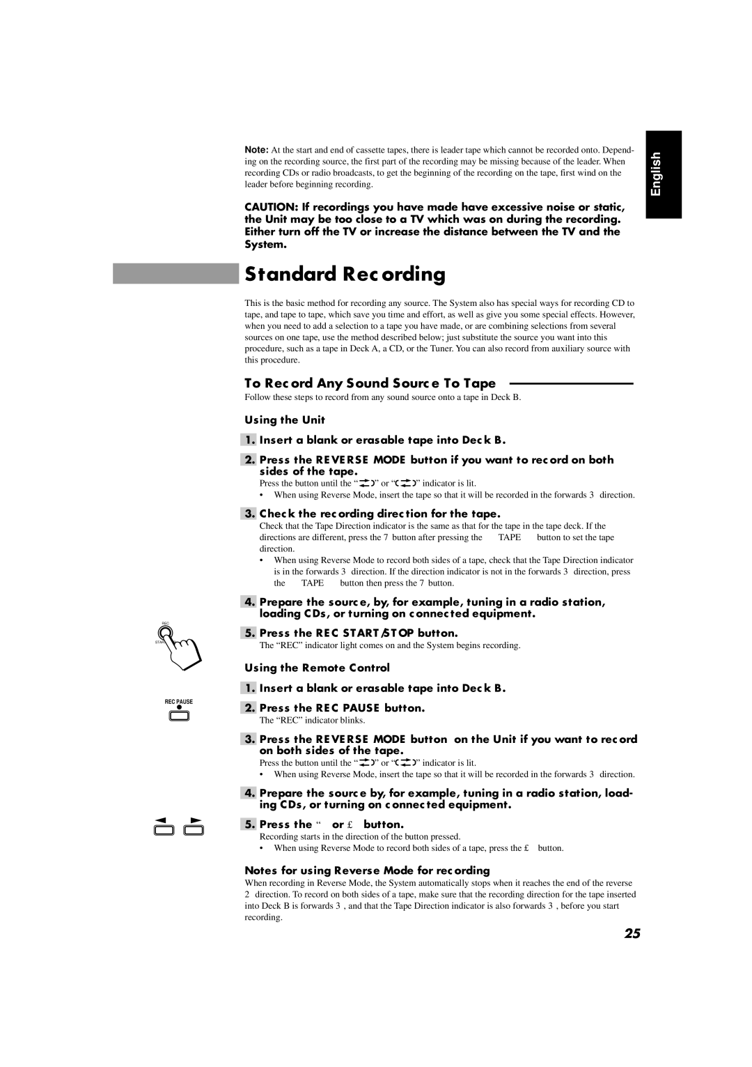 JVC CA-D451TR manual Standard Recording, To Record Any Sound Source To Tape, Check the recording direction for the tape 