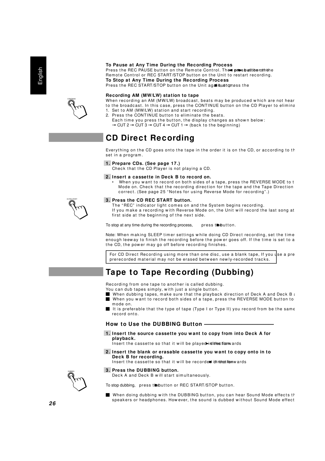 JVC CA-D551TR, CA-D351TR, CA-D451TR manual CD Direct Recording, Tape to Tape Recording Dubbing, How to Use the Dubbing Button 