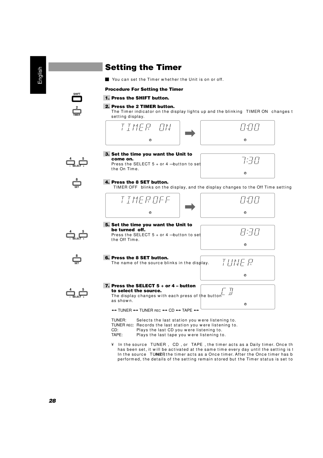 JVC CA-D451TR, CA-D551TR, CA-D351TR manual Setting the Timer 