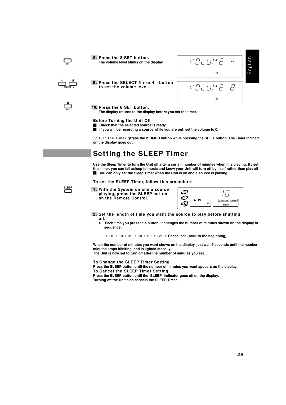 JVC CA-D551TR, CA-D351TR, CA-D451TR Setting the Sleep Timer, Before Turning the Unit Off, To Change the Sleep Timer Setting 