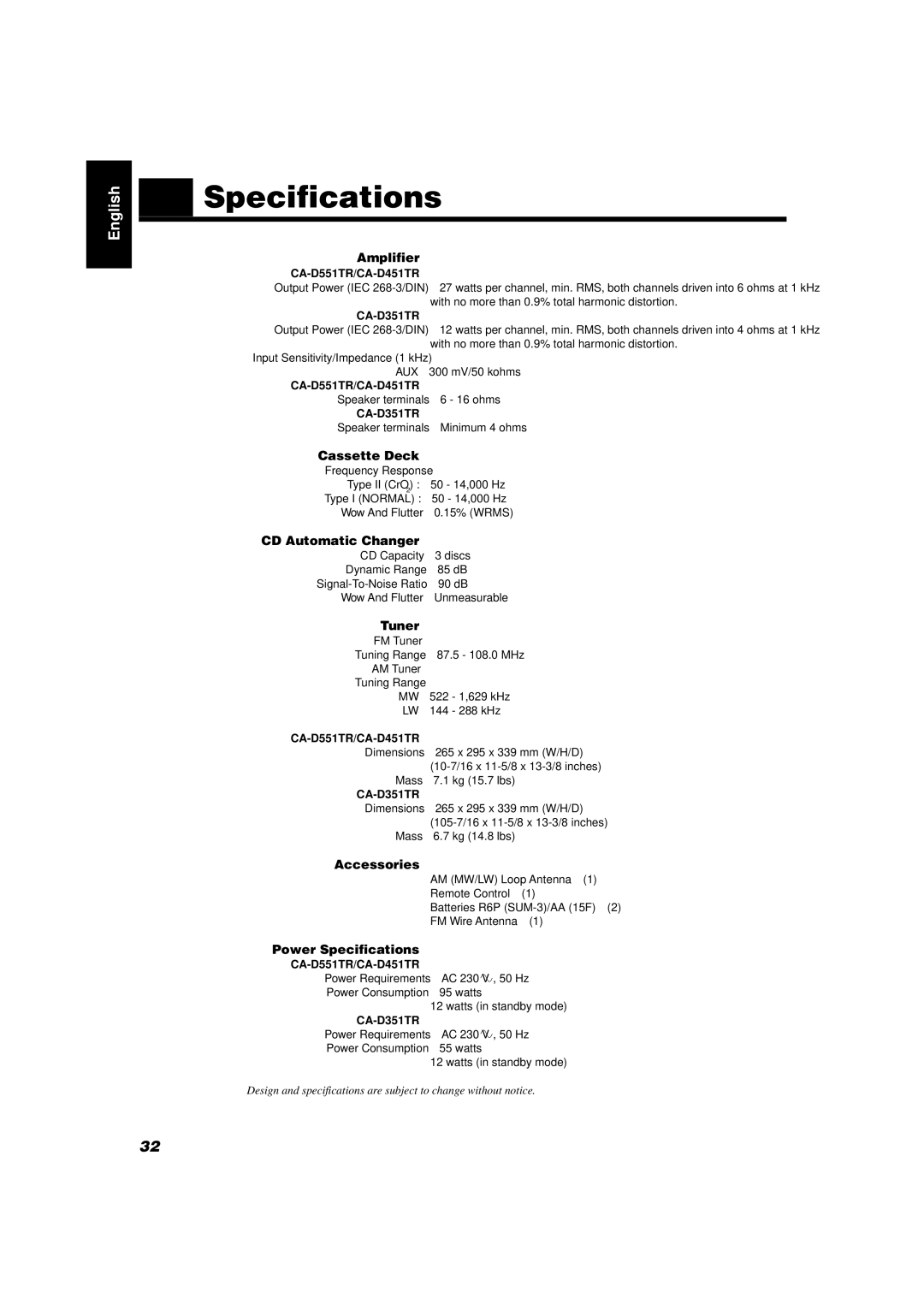 JVC CA-D551TR, CA-D351TR, CA-D451TR manual Specifications 