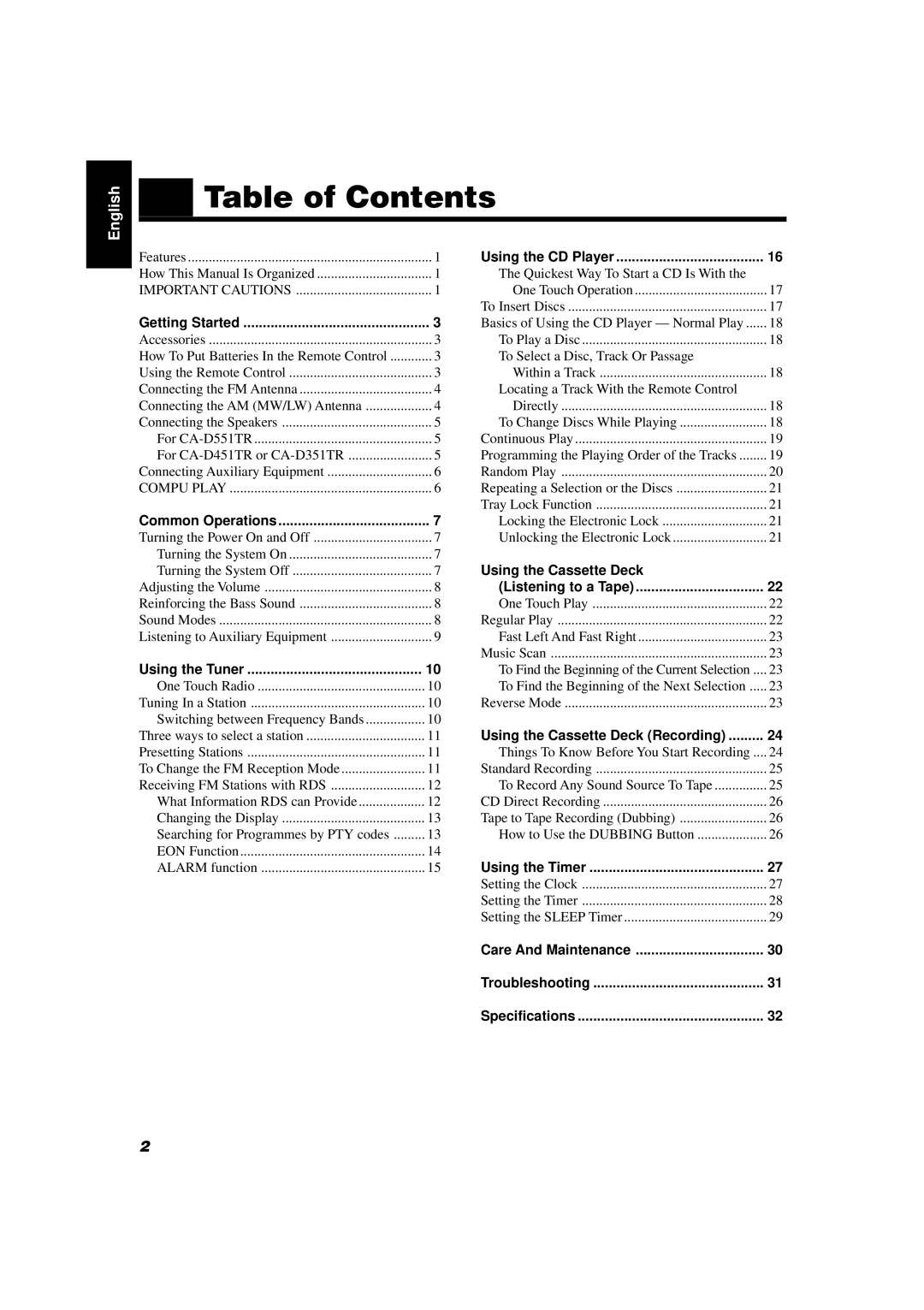 JVC CA-D551TR, CA-D351TR, CA-D451TR manual Table of Contents 