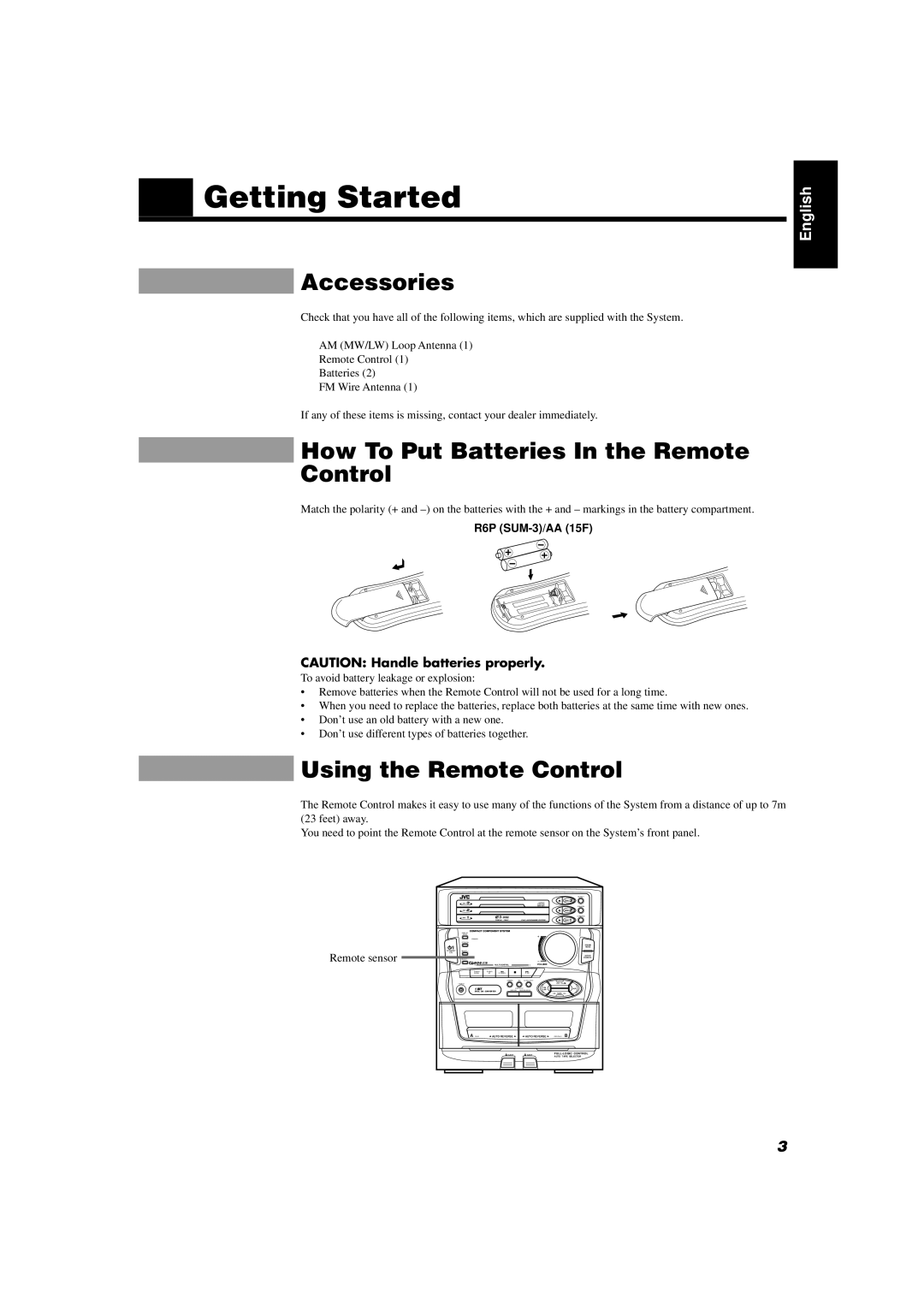 JVC CA-D351TR manual Getting Started, Accessories, How To Put Batteries In the Remote Control, Using the Remote Control 