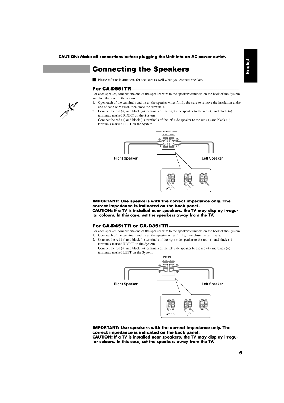 JVC manual Connecting the Speakers, For CA-D551TR, For CA-D451TR or CA-D351TR, Right Speaker 