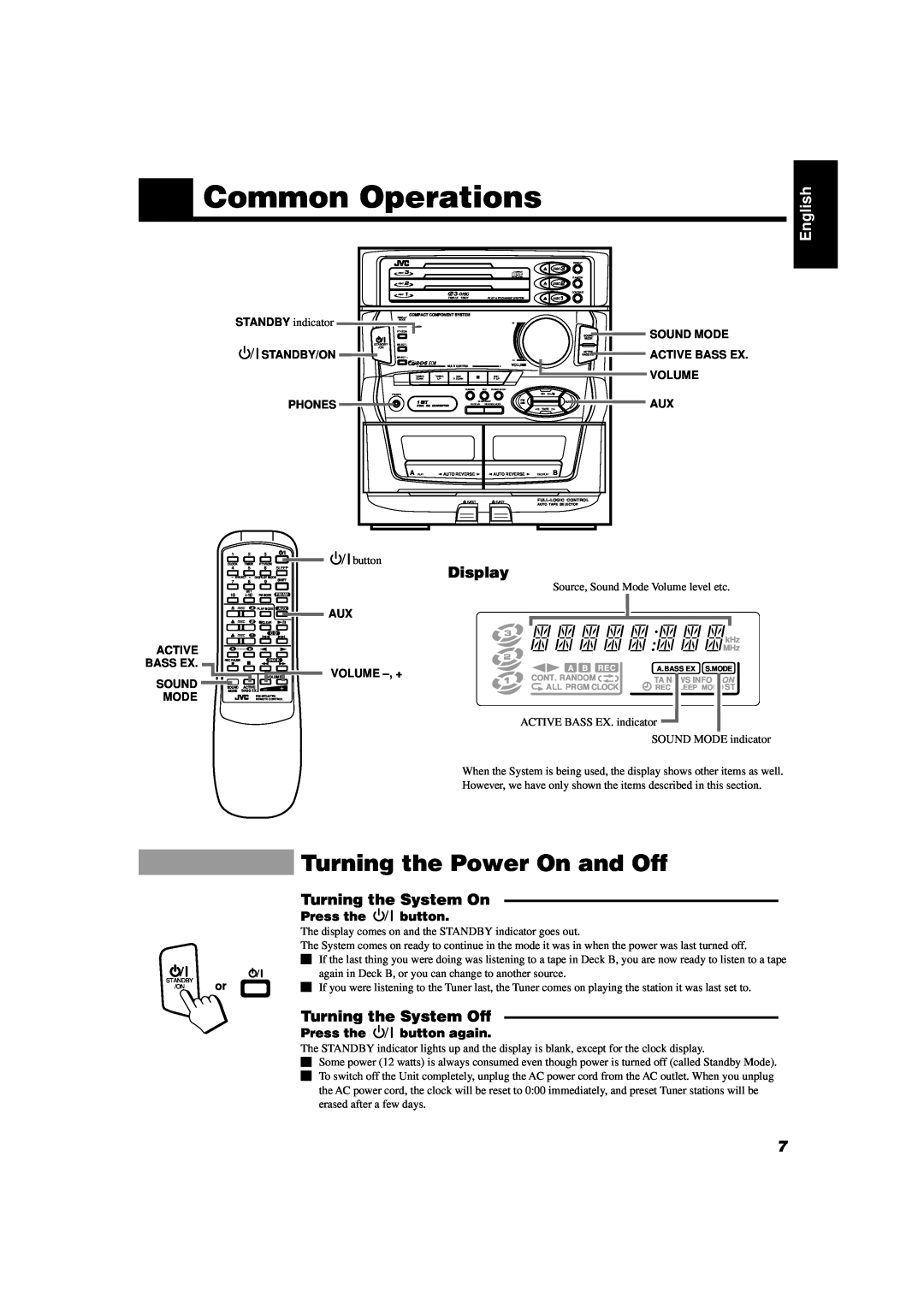JVC CA-D451TR Common Operations, Turning the Power On and Off, Display, Turning the System On, Turning the System Off 