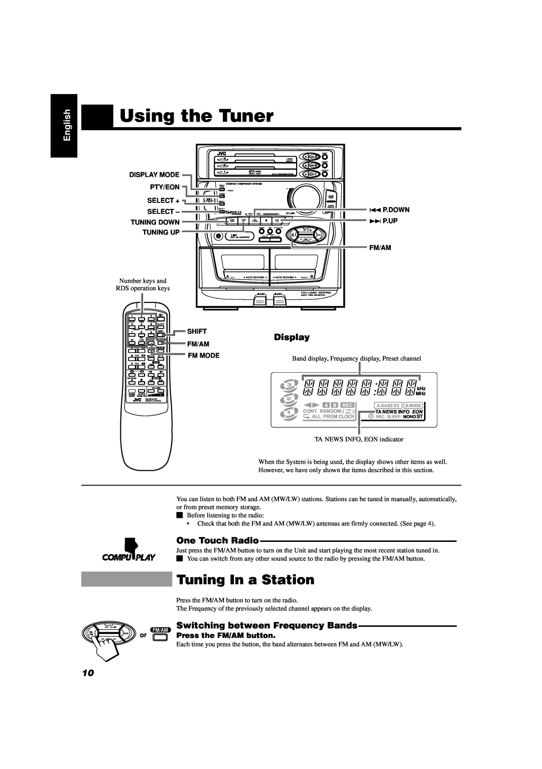 JVC CA-D451TR Using the Tuner, Tuning In a Station, One Touch Radio, Switching between Frequency Bands, English, Display 