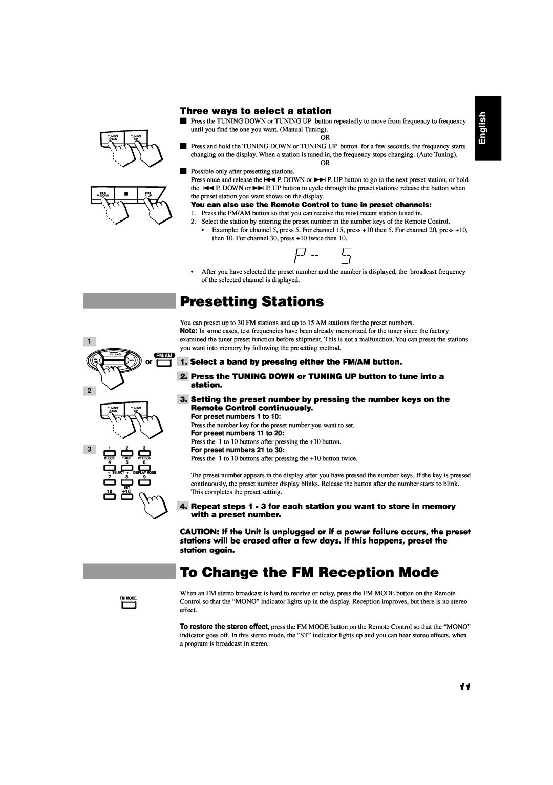 JVC CA-D551TR, CA-D351TR Presetting Stations, To Change the FM Reception Mode, Three ways to select a station, English 
