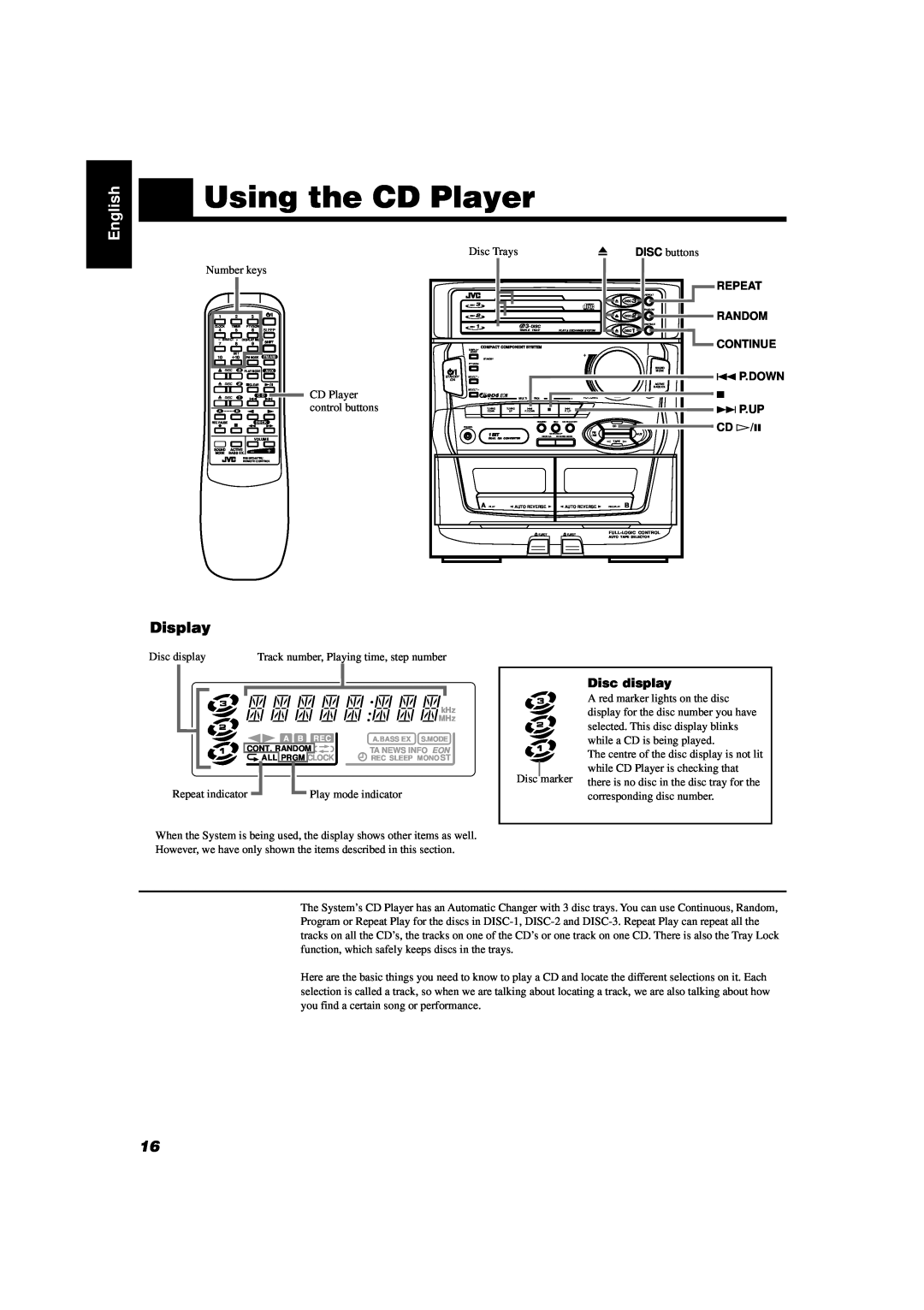 JVC CA-D451TR Using the CD Player, English, Display, Disc display, Repeat, Random, Continue, 4 P.DOWN, ¢ P.Up, CD Ü/8 