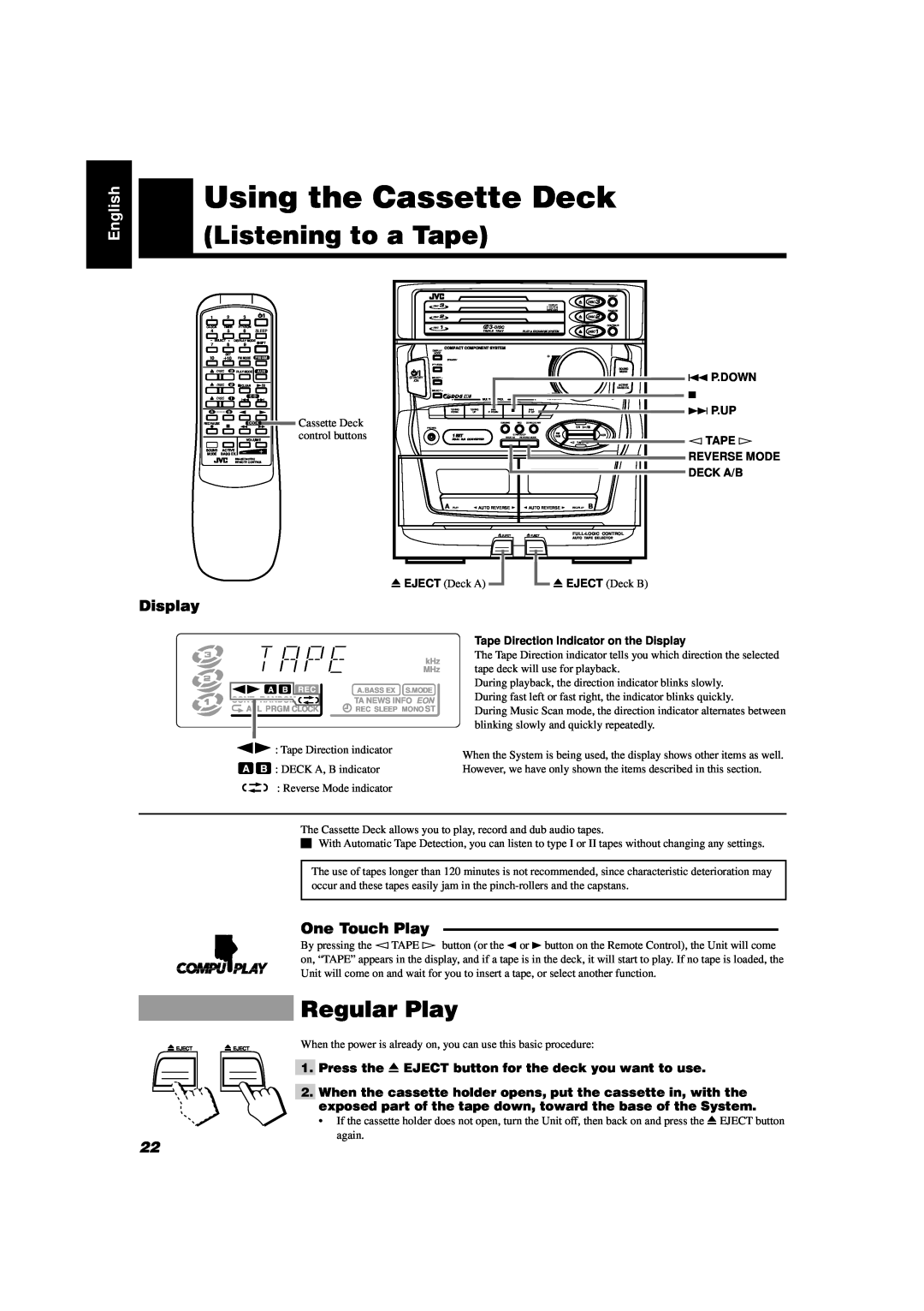 JVC CA-D451TR, CA-D551TR manual Using the Cassette Deck, Listening to a Tape, Regular Play, One Touch Play, English, Display 