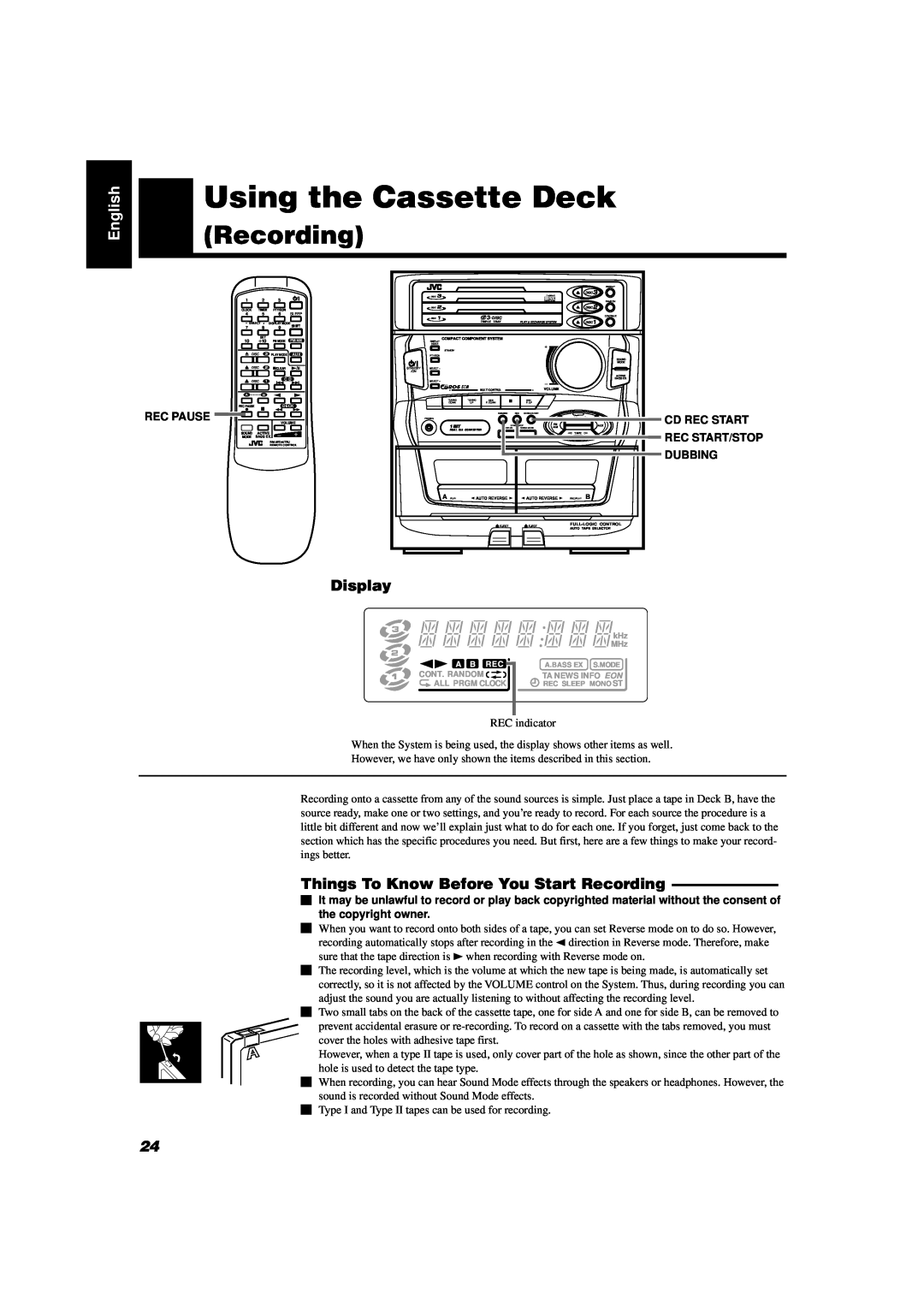 JVC CA-D351TR manual Things To Know Before You Start Recording, Using the Cassette Deck, English, Display, Rec Pause 