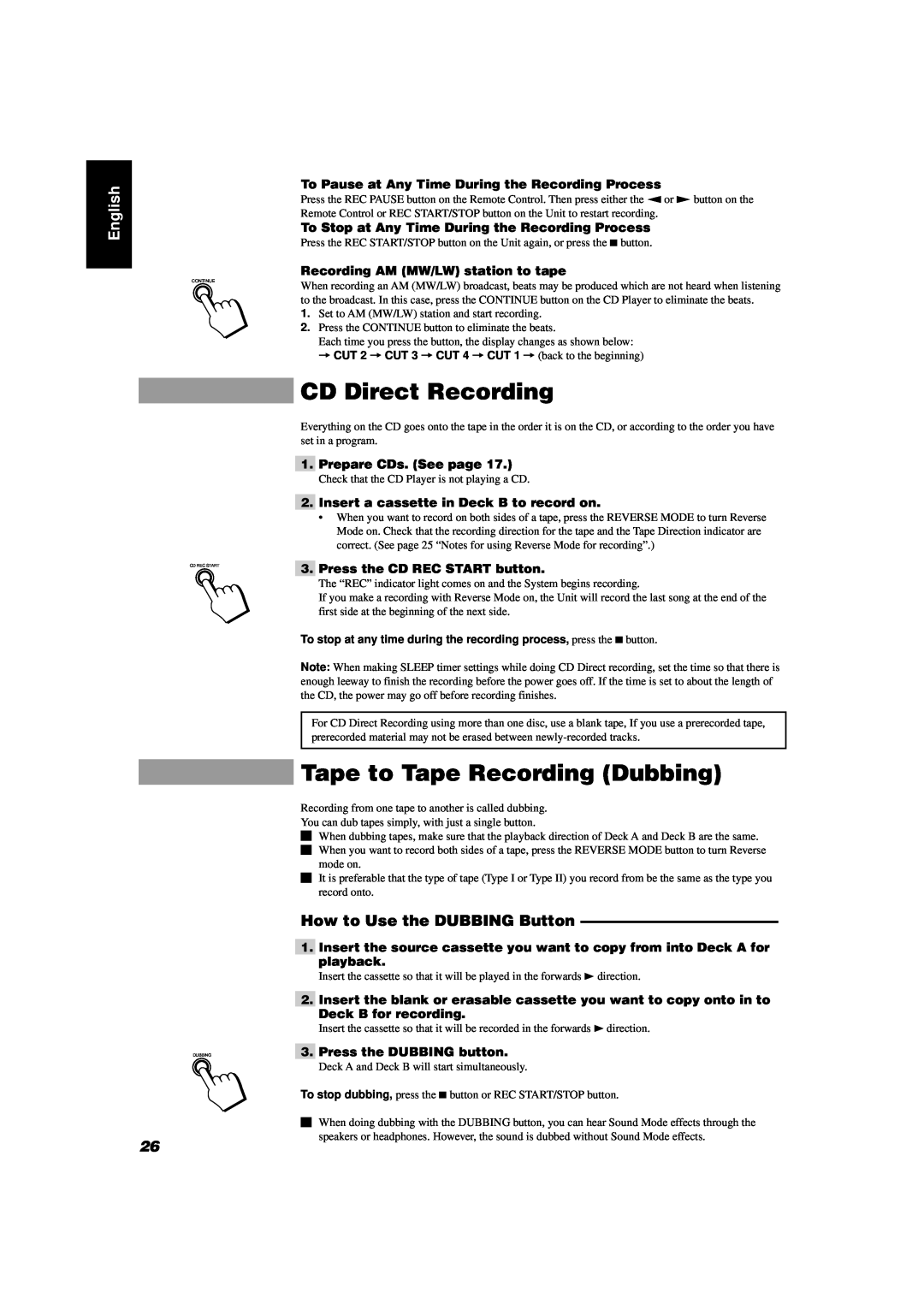JVC CA-D551TR, CA-D351TR manual CD Direct Recording, Tape to Tape Recording Dubbing, How to Use the DUBBING Button, English 