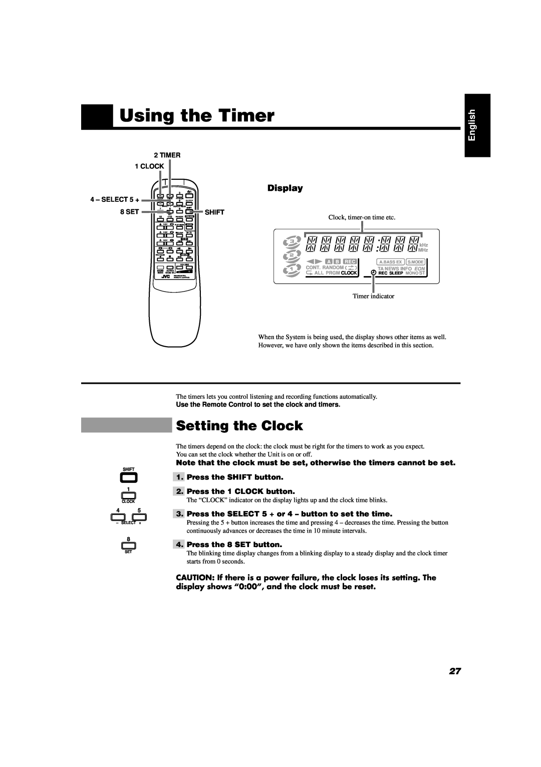 JVC CA-D351TR manual Using the Timer, Setting the Clock, Display, English, Press the SHIFT button, Press the 1 CLOCK button 