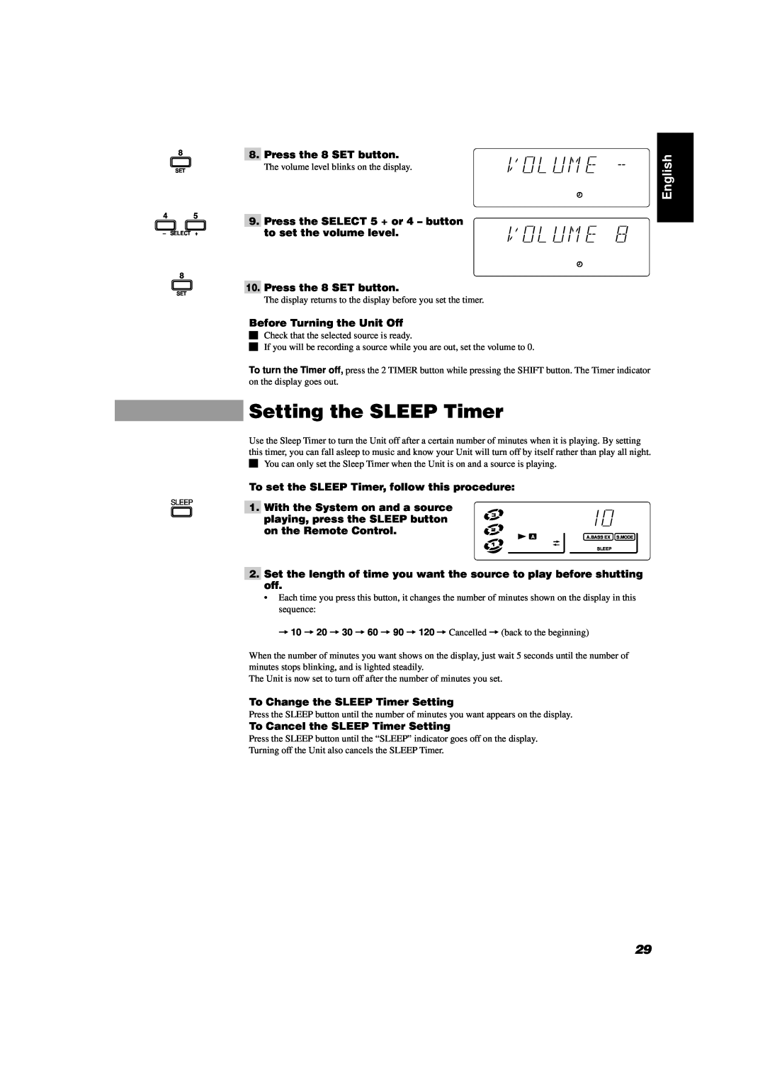 JVC CA-D551TR, CA-D351TR, CA-D451TR Setting the SLEEP Timer, English, Press the 8 SET button, Before Turning the Unit Off 
