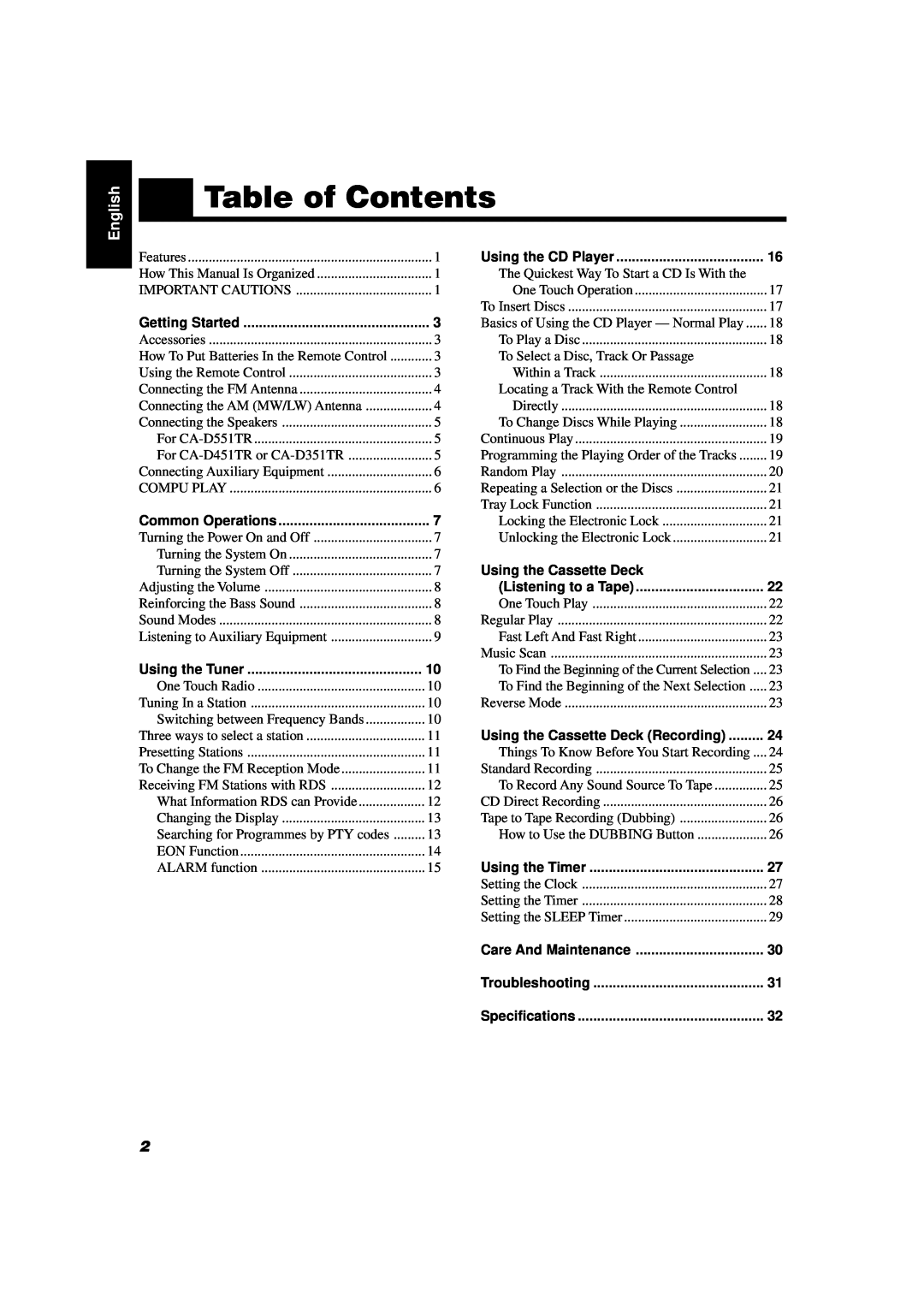 JVC CA-D551TR, CA-D351TR, CA-D451TR manual Table of Contents, Using the Cassette Deck, Using the Tuner, English 
