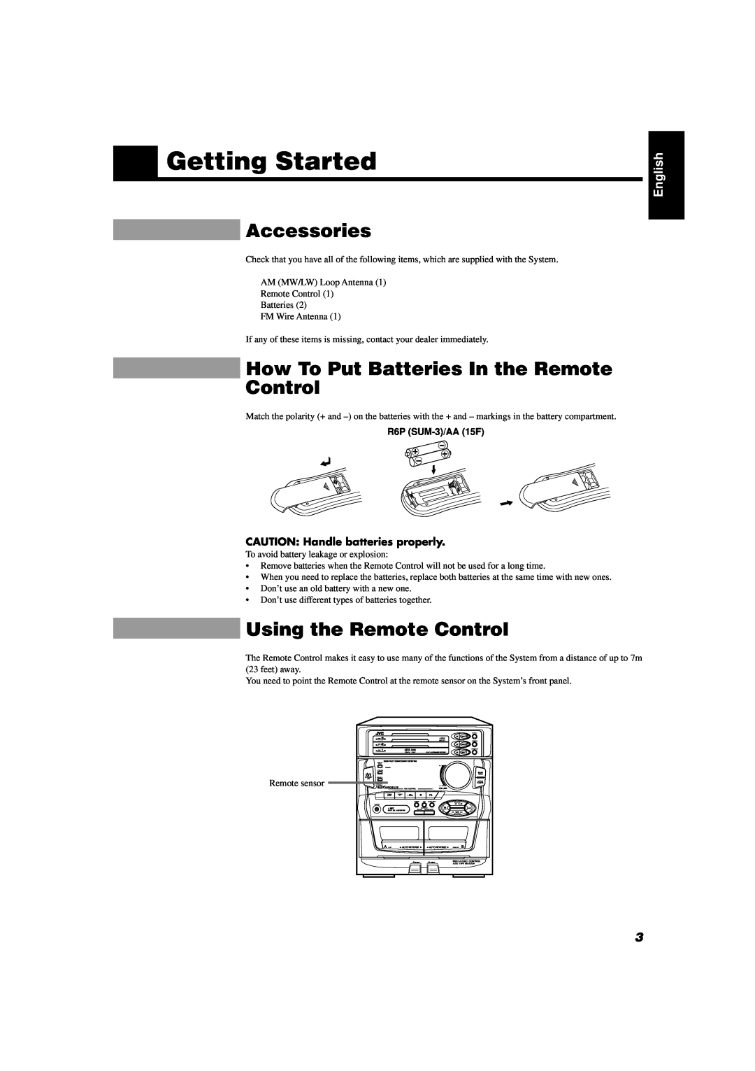 JVC CA-D351TR Getting Started, Accessories, How To Put Batteries In the Remote Control, Using the Remote Control, English 
