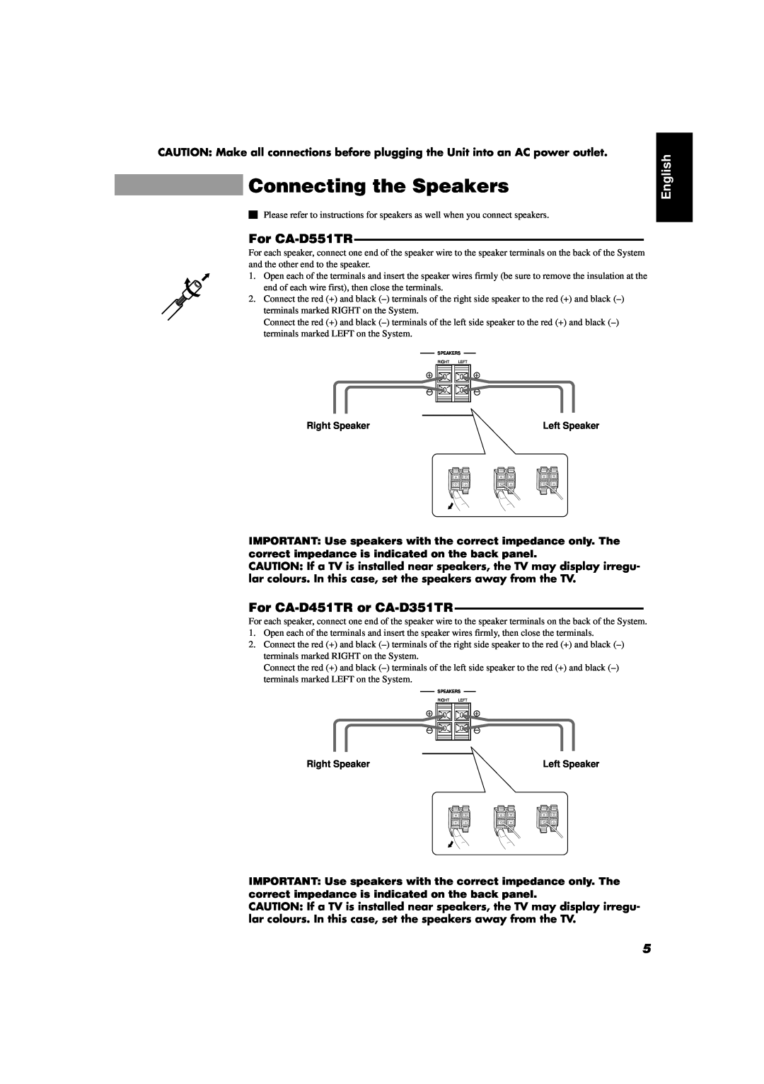 JVC manual Connecting the Speakers, For CA-D551TR, For CA-D451TRor CA-D351TR, English 