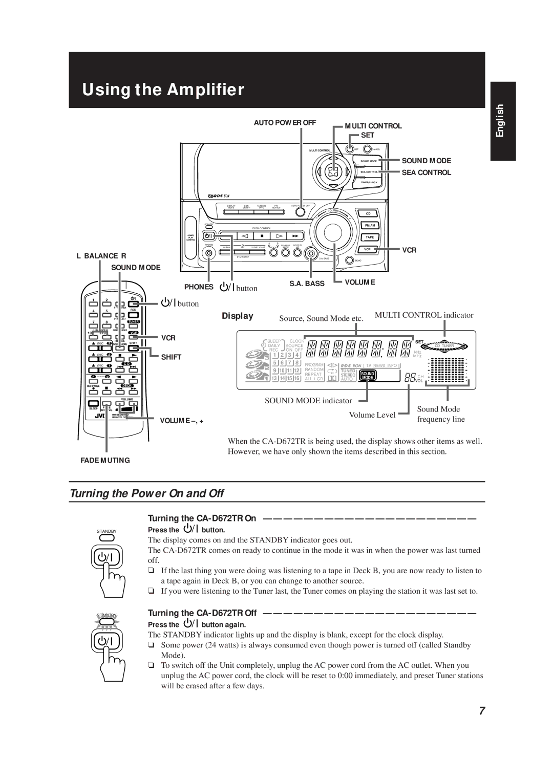 JVC Using the Amplifier, Turning the Power On and Off, Display, Turning the CA-D672TR On, Turning the CA-D672TR Off 