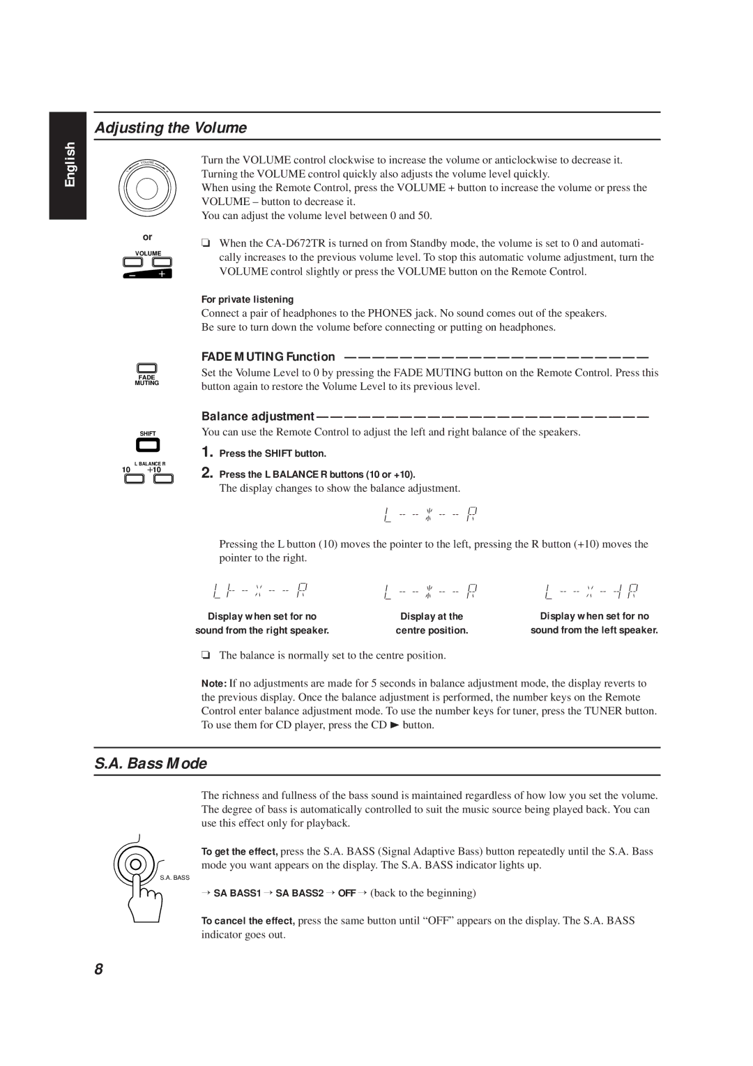 JVC CA-D672TR manual Adjusting the Volume, Bass Mode, Balance adjustment, Fade Muting Function 