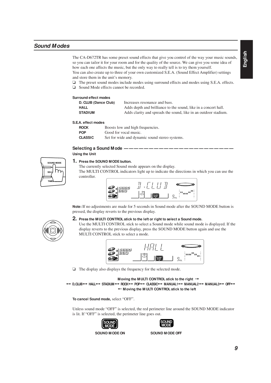 JVC CA-D672TR manual Sound Modes 