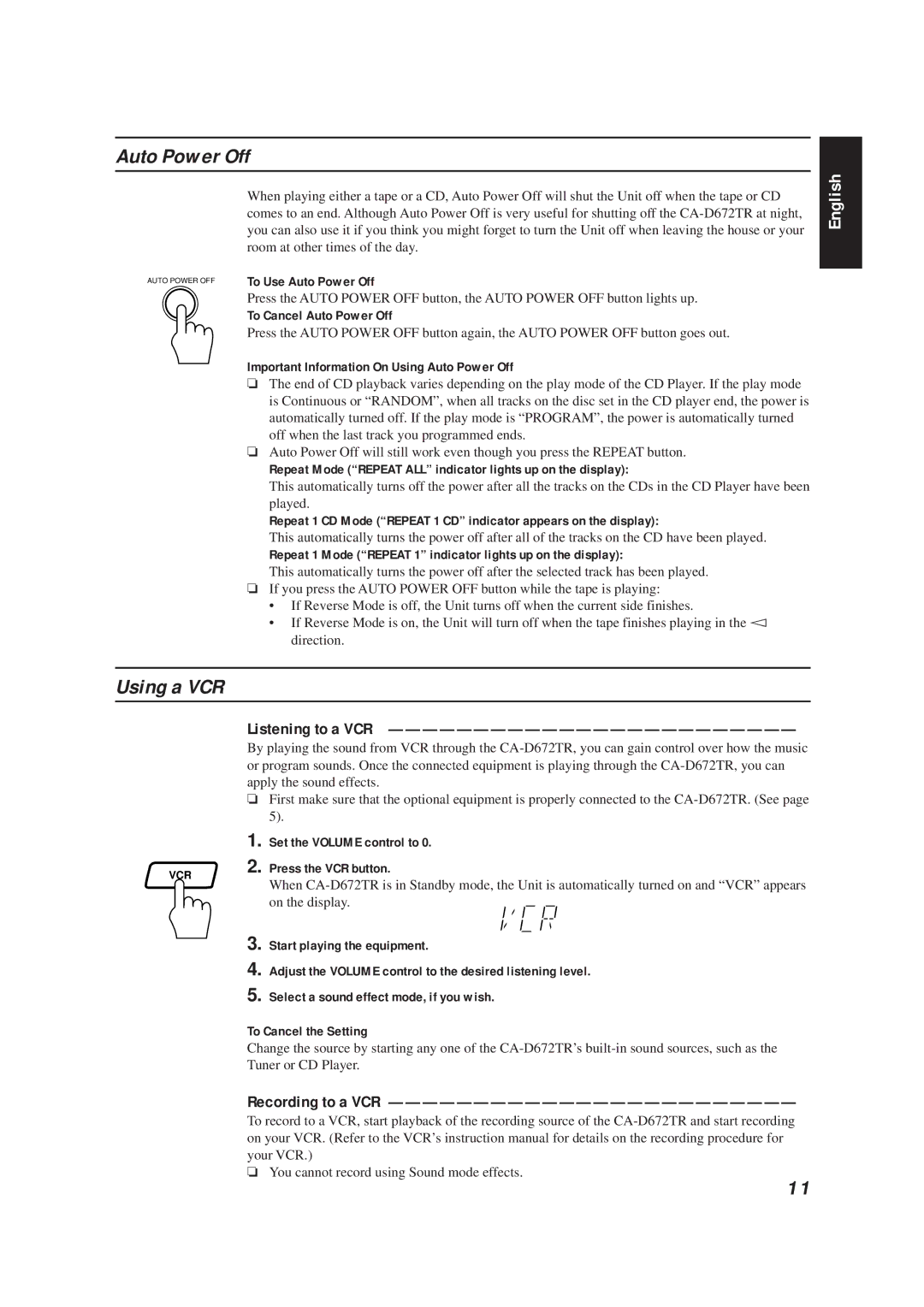 JVC CA-D672TR manual Auto Power Off, Using a VCR, Listening to a VCR, Recording to a VCR 