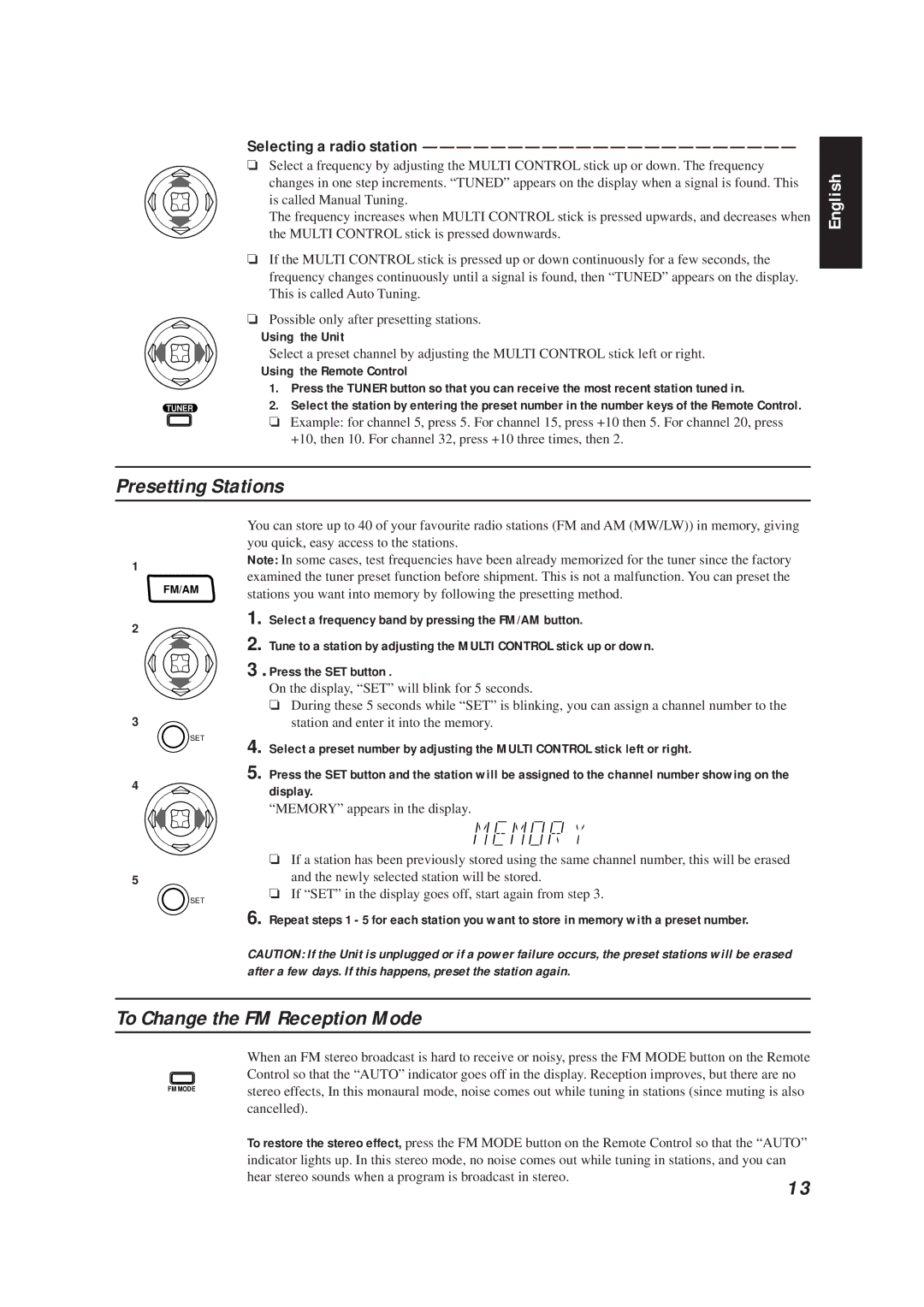 JVC CA-D672TR manual Presetting Stations, To Change the FM Reception Mode, Selecting a radio station 