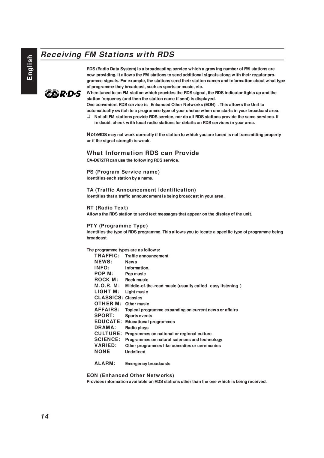 JVC CA-D672TR manual Receiving FM Stations with RDS, What Information RDS can Provide 