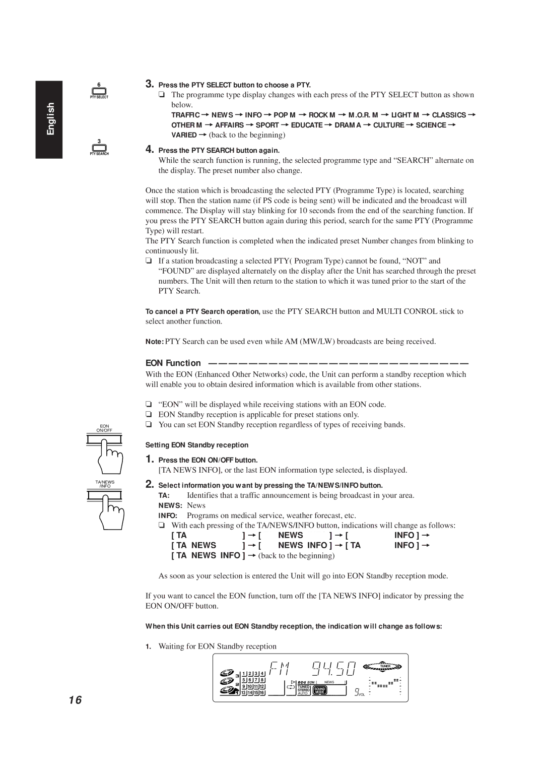 JVC CA-D672TR manual EON Function, Press the PTY Select button to choose a PTY, News News 