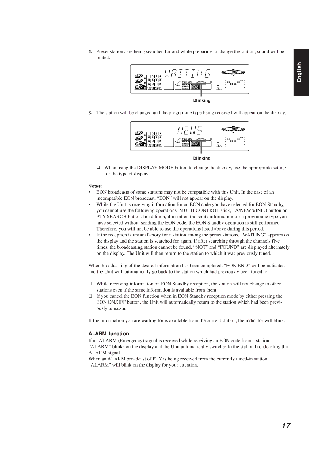 JVC CA-D672TR manual Alarm function, Blinking 