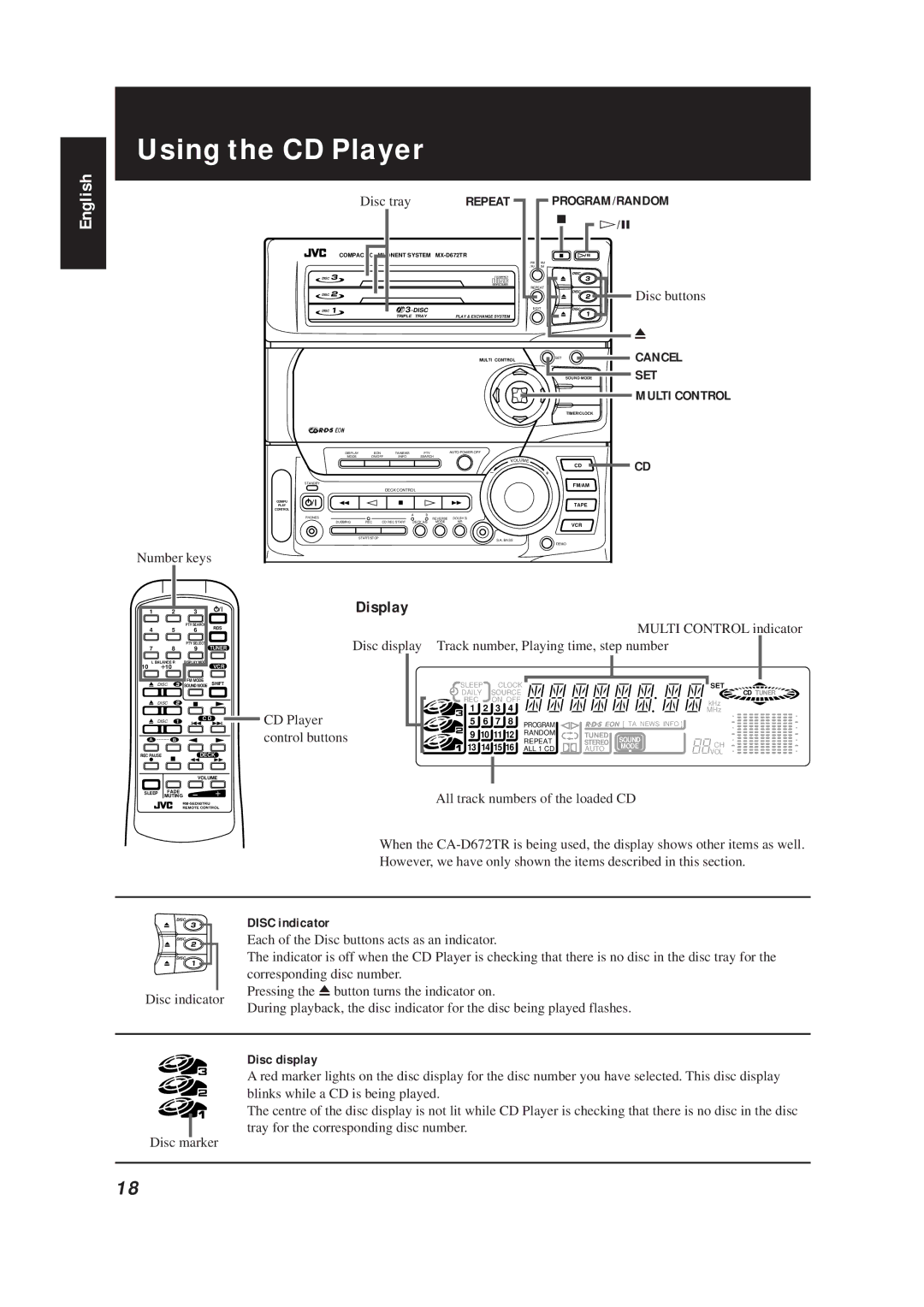 JVC CA-D672TR manual Using the CD Player, Cancel SET Multi Control, Disc indicator, Disc display 