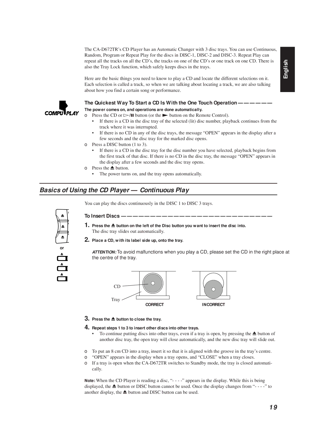 JVC CA-D672TR manual Basics of Using the CD Player Continuous Play, To Insert Discs, Correctincorrect 