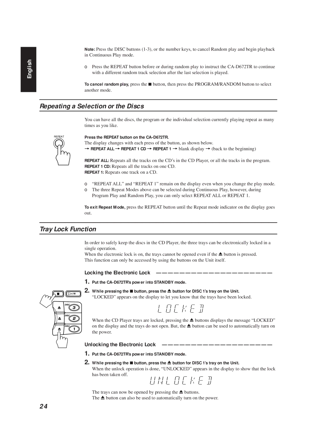 JVC CA-D672TR manual Repeating a Selection or the Discs, Tray Lock Function, Locking the Electronic Lock 