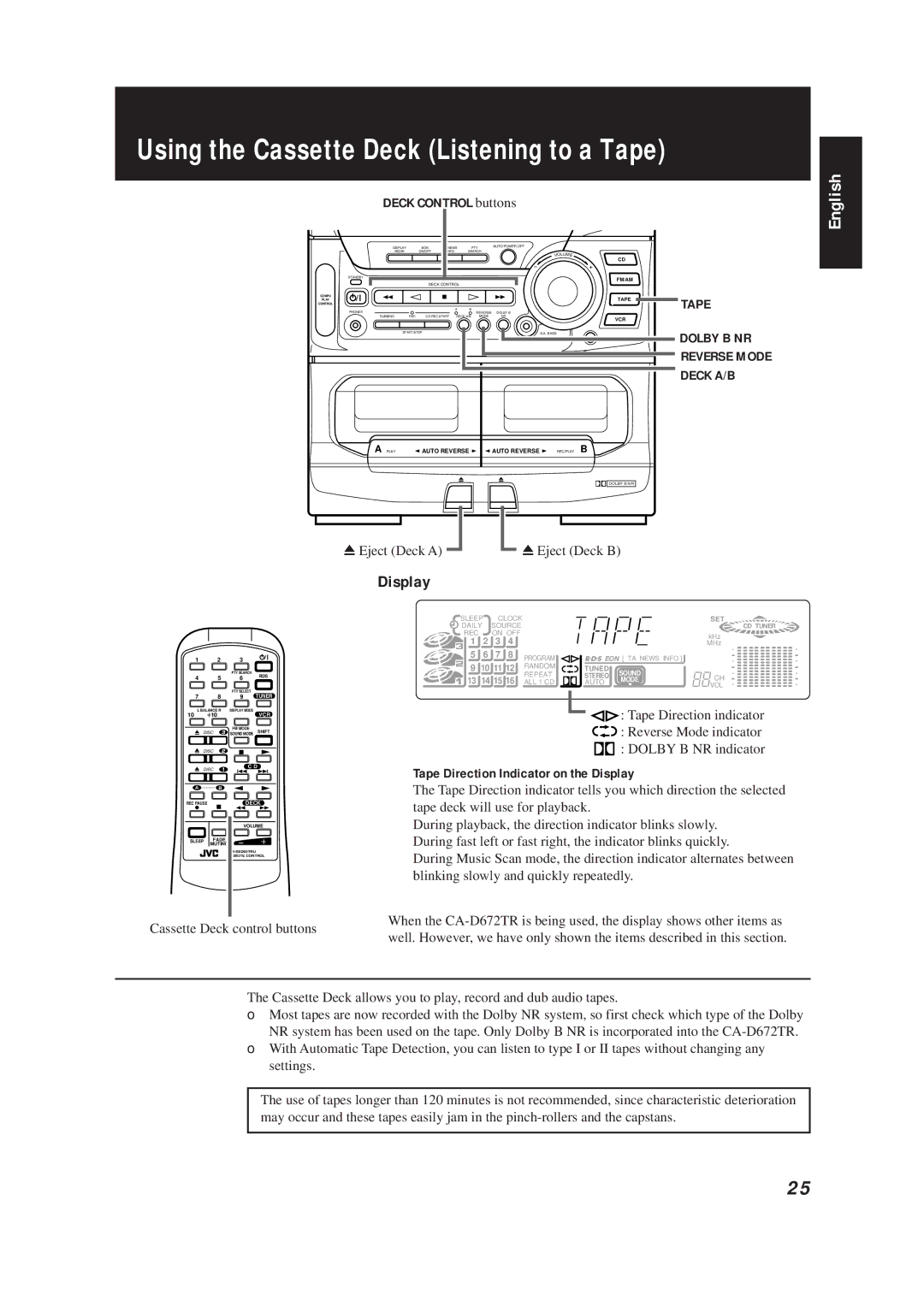 JVC CA-D672TR manual Using the Cassette Deck Listening to a Tape, Deck Control buttons, Deck A/B 