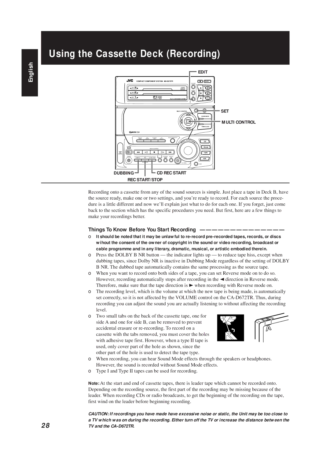 JVC CA-D672TR Using the Cassette Deck Recording, Things To Know Before You Start Recording, Edit, Dubbing, Rec Start/Stop 