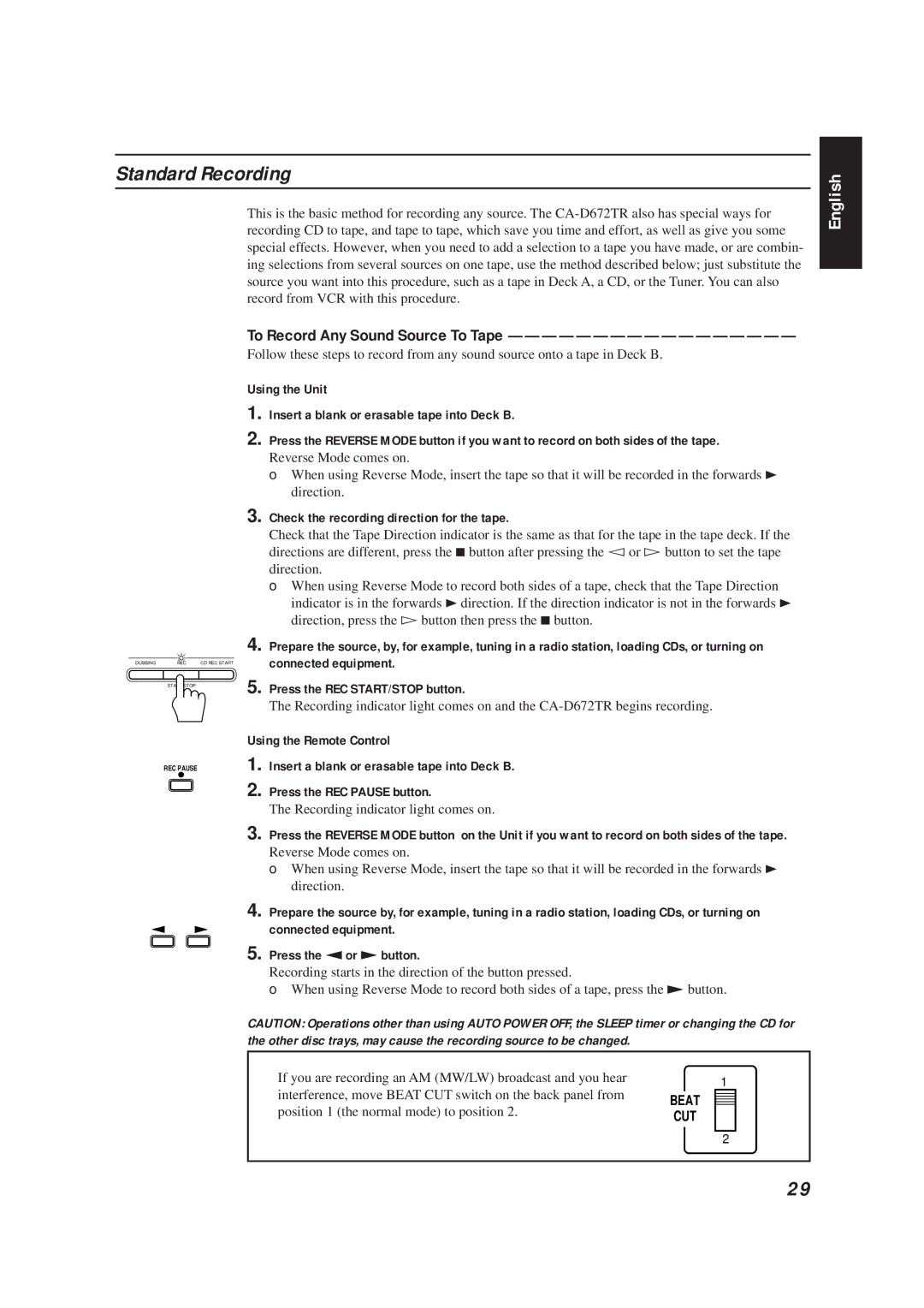 JVC CA-D672TR manual Standard Recording, To Record Any Sound Source To Tape, Check the recording direction for the tape 