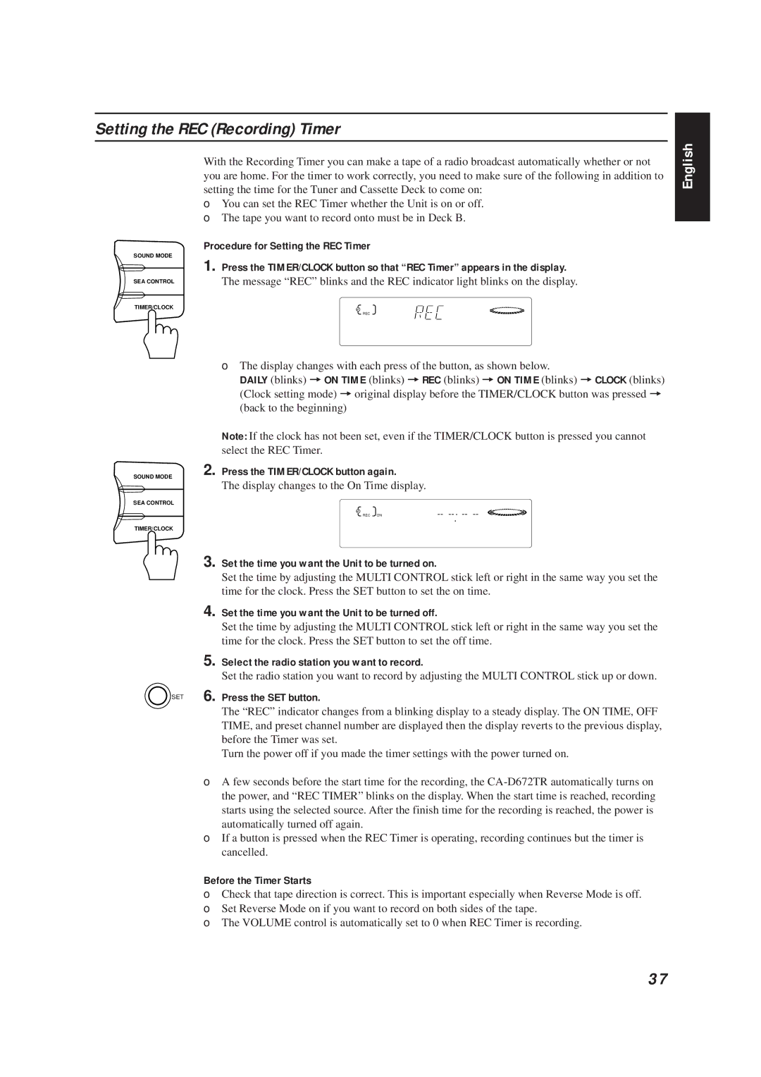 JVC CA-D672TR manual Setting the REC Recording Timer 