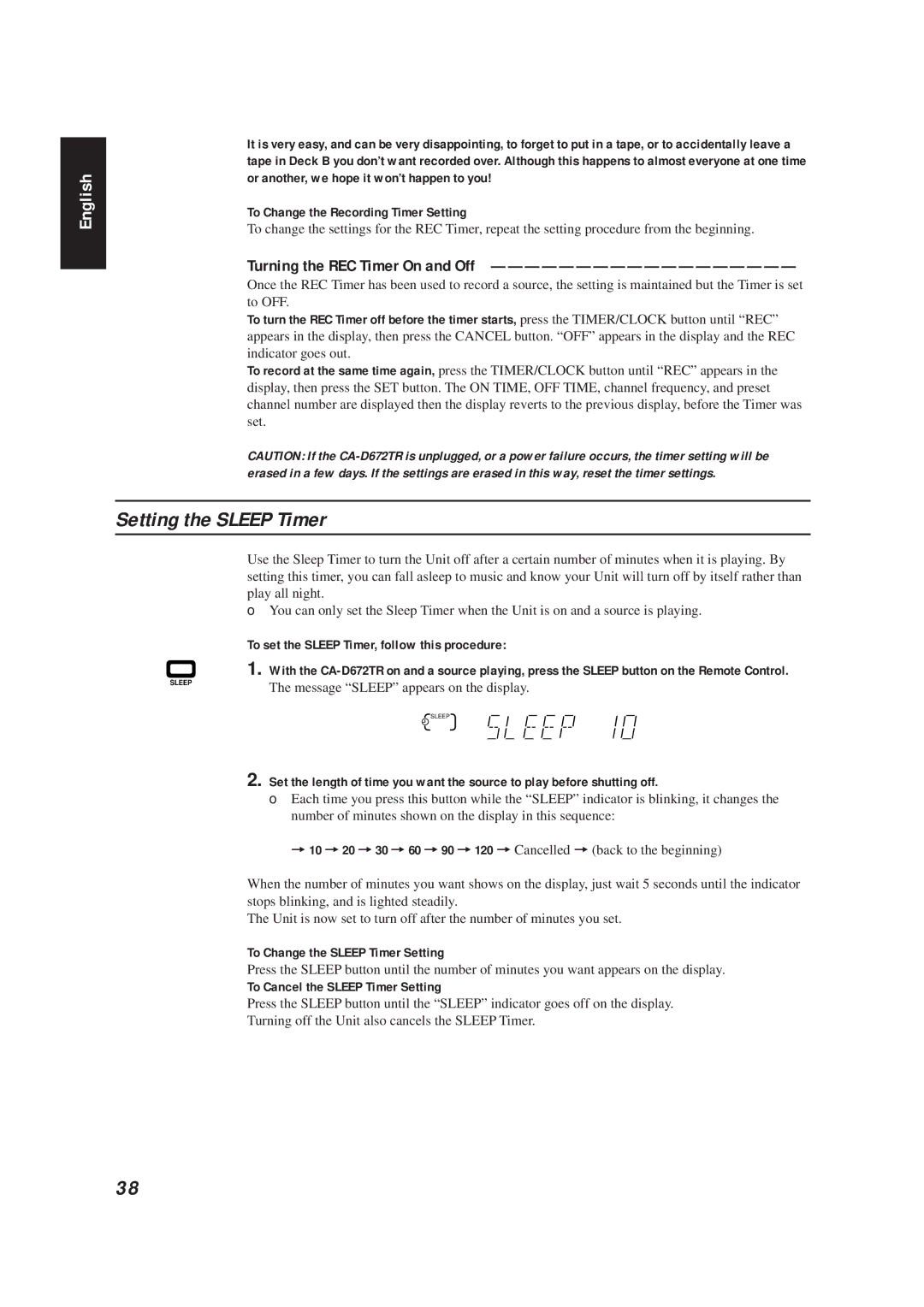 JVC CA-D672TR Setting the Sleep Timer, Turning the REC Timer On and Off, To set the Sleep Timer, follow this procedure 