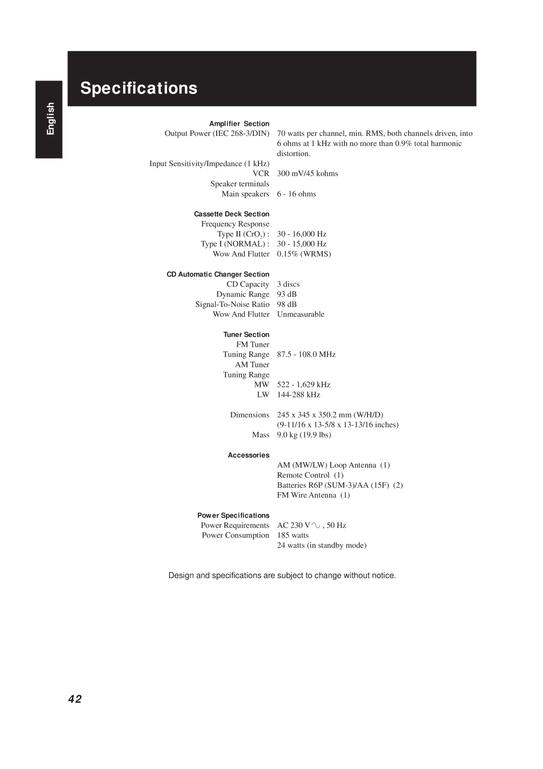 JVC CA-D672TR manual Specifications 