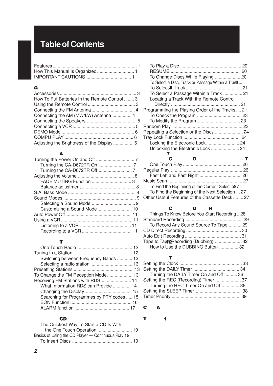 JVC CA-D672TR manual Table of Contents 