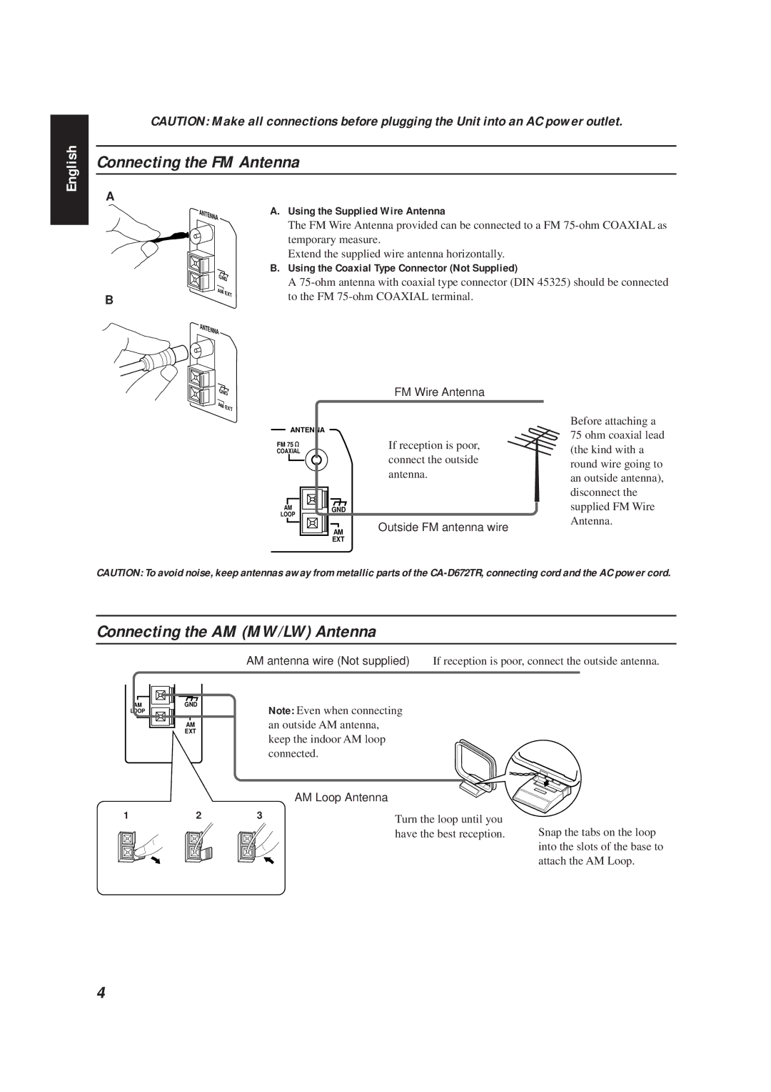 JVC CA-D672TR manual Connecting the FM Antenna, Connecting the AM MW/LW Antenna, Using the Supplied Wire Antenna 