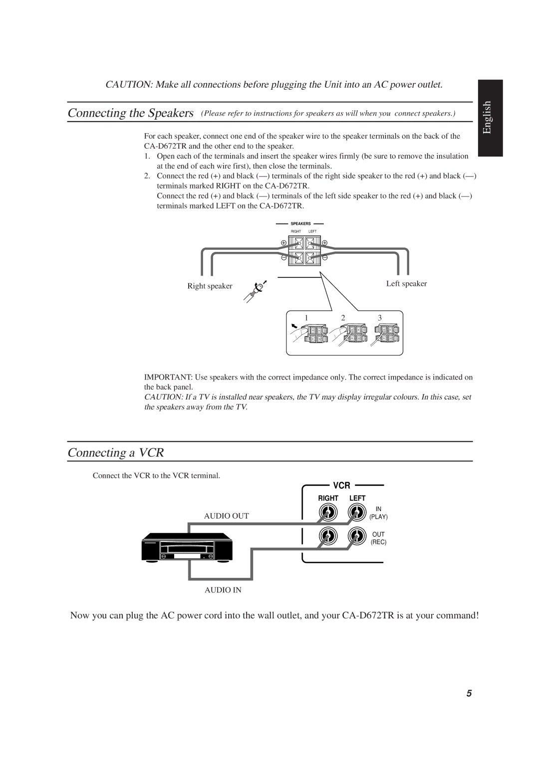 JVC CA-D672TR manual Connecting a VCR, Right speaker, Audio OUT 