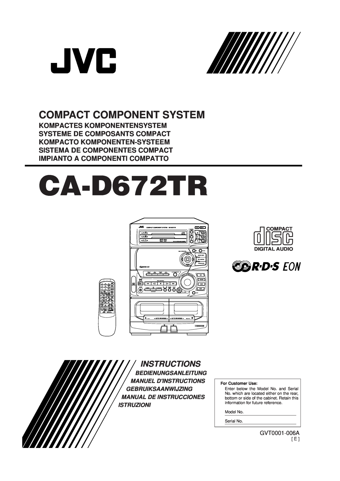 JVC CA-D672TR manual Compact Component System, Instructions, Bedienungsanleitung Manuel Dinstructions, Istruzioni, Tuner 