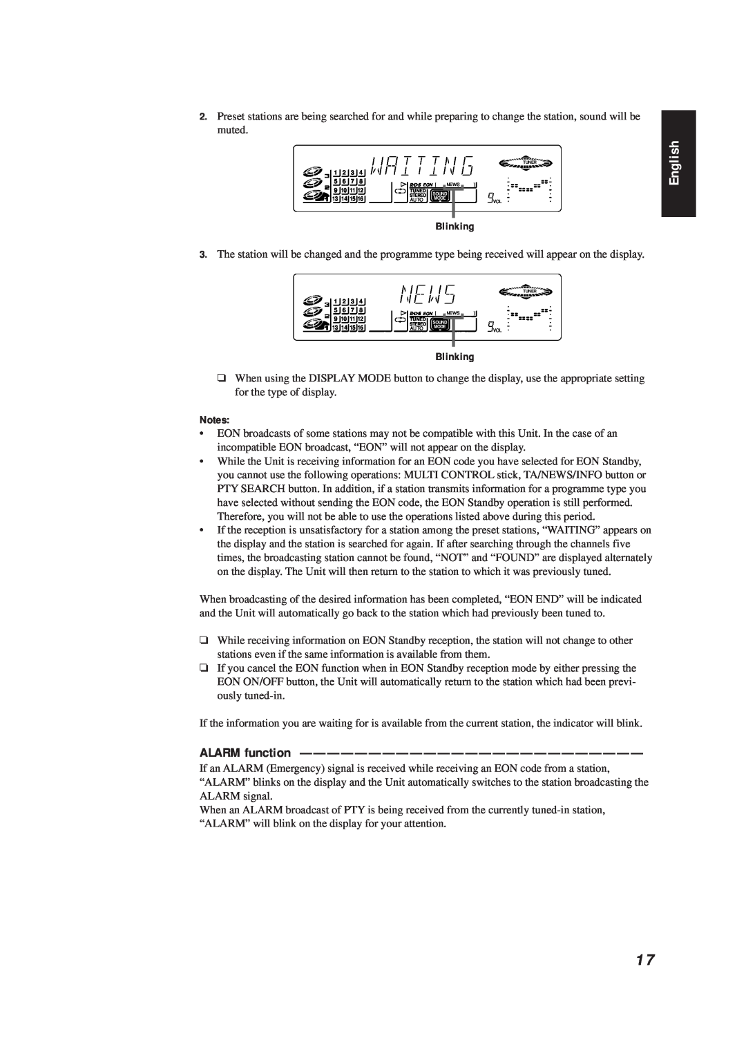 JVC CA-D672TR manual ALARM function, English, Blinking, Notes 