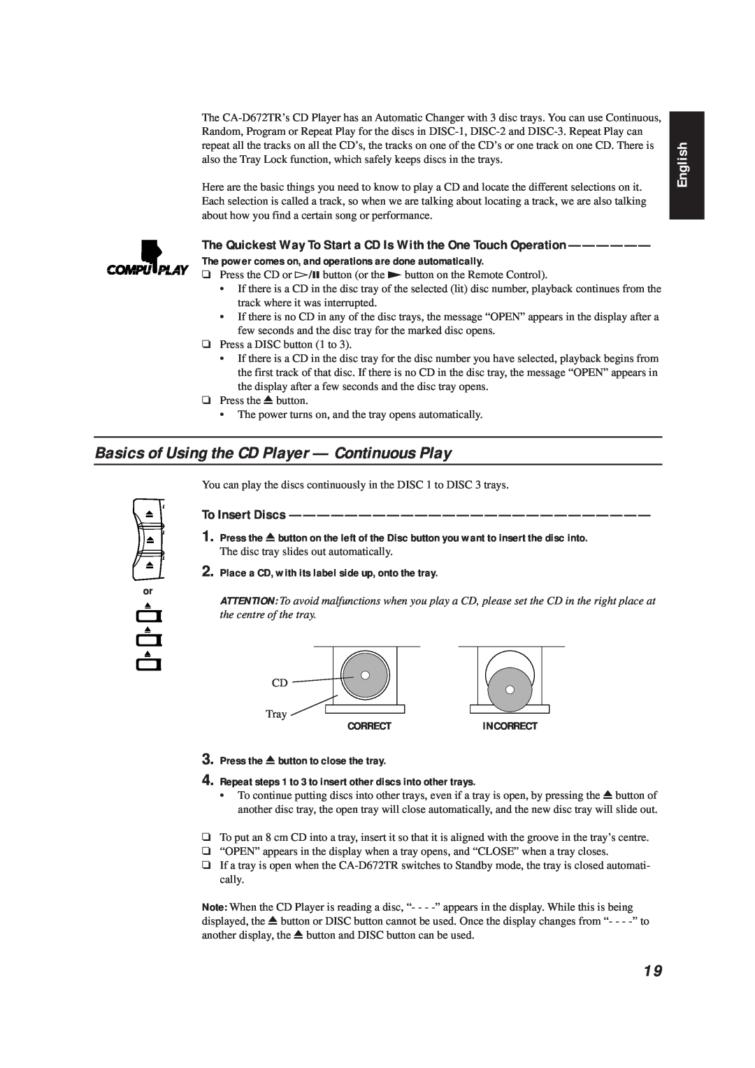 JVC CA-D672TR manual Basics of Using the CD Player — Continuous Play, To Insert Discs, English, Correctincorrect 