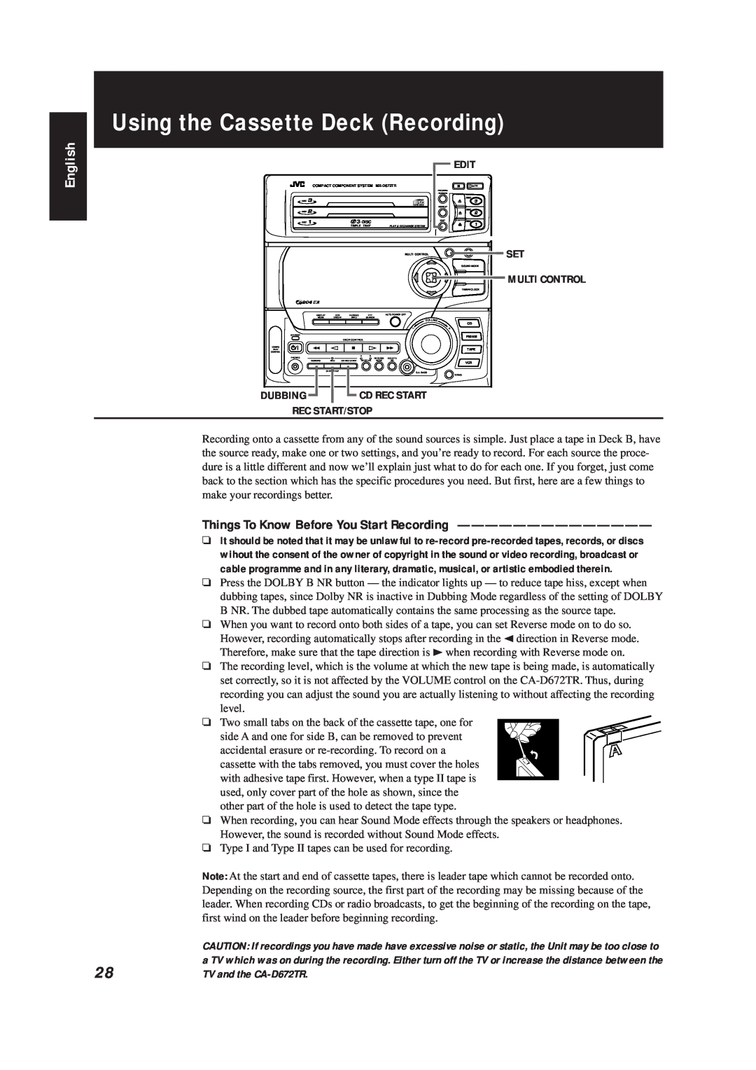 JVC CA-D672TR manual Using the Cassette Deck Recording, English, Edit, Multi Control, Dubbing, Rec Start/Stop 