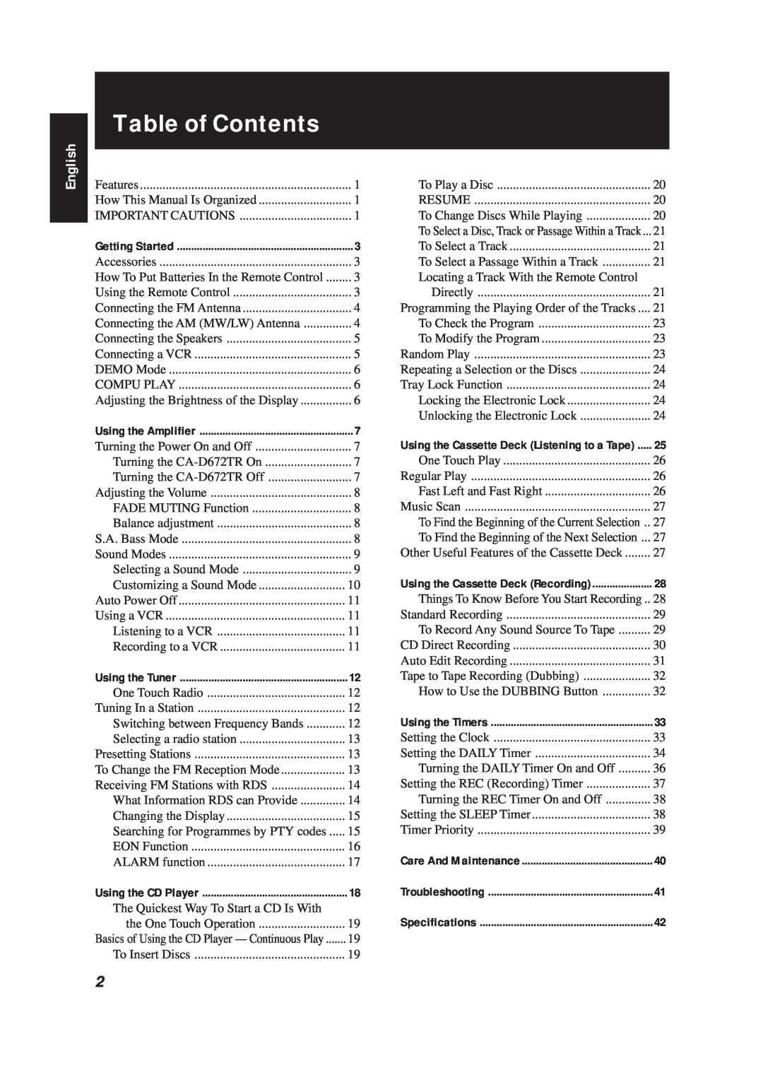 JVC CA-D672TR manual Table of Contents, English 