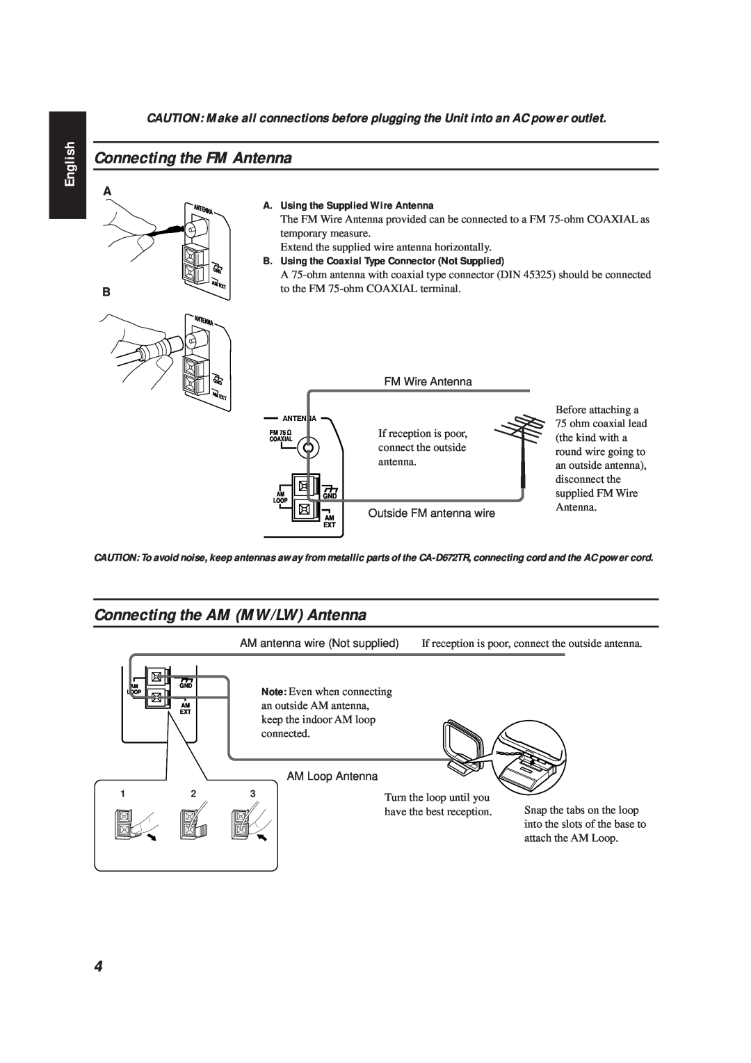JVC CA-D672TR manual Connecting the FM Antenna, Connecting the AM MW/LW Antenna, English, A.Using the Supplied Wire Antenna 