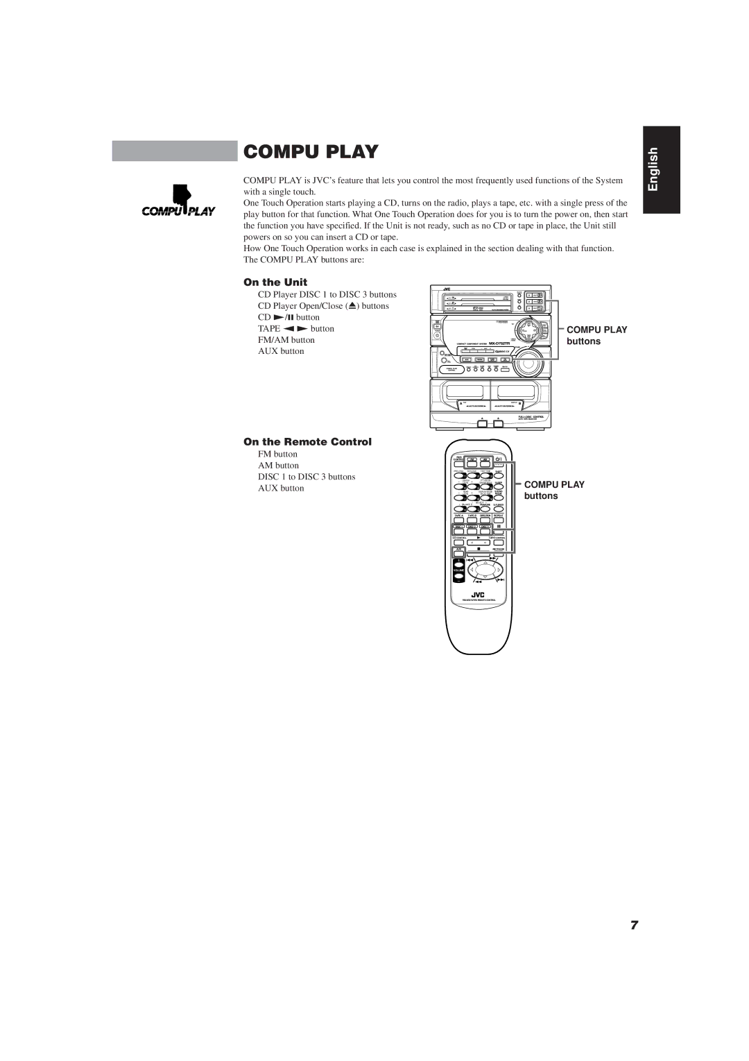 JVC CA-D752TR manual On the Unit, On the Remote Control, Compu Play buttons 